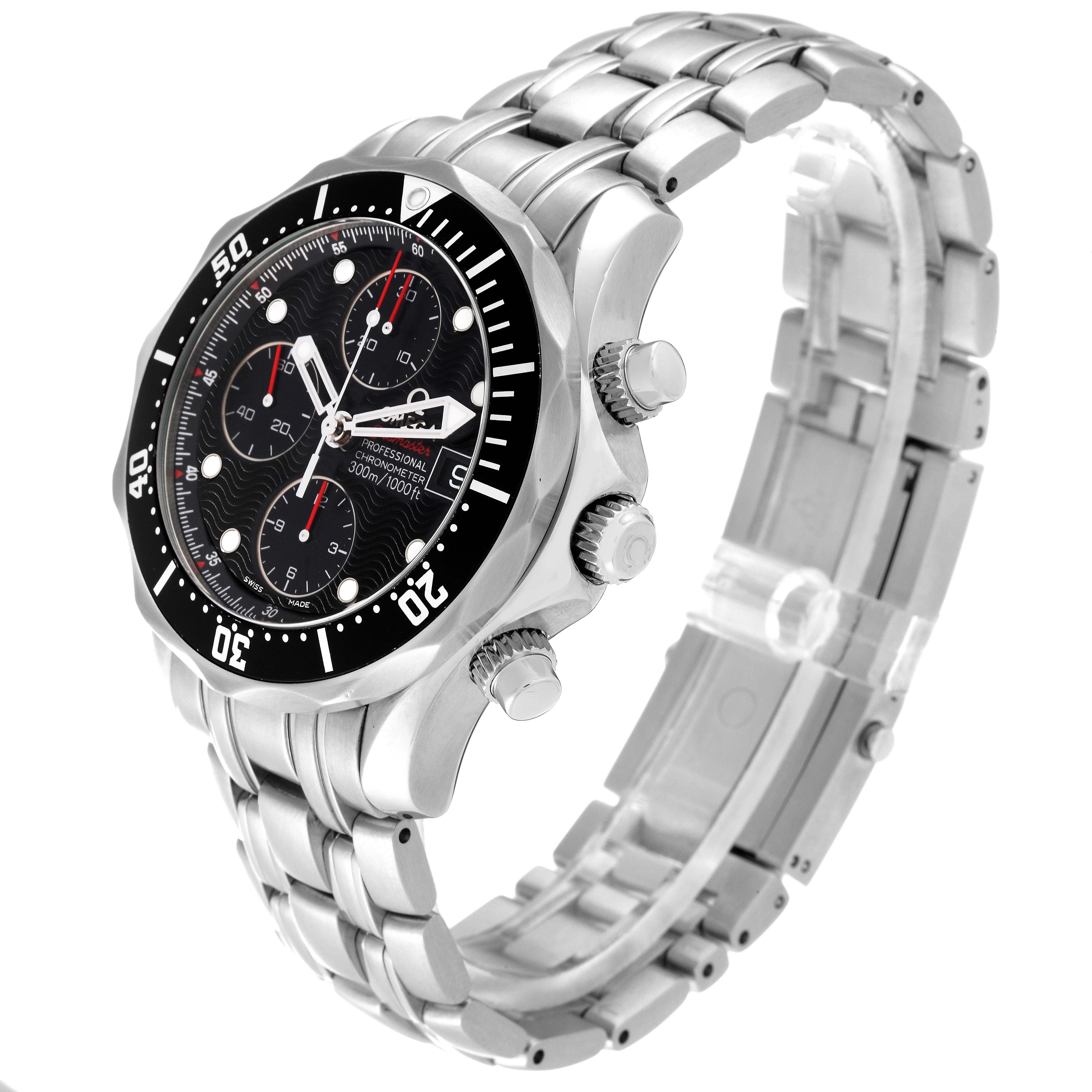 The Omega Seamaster 213.30.42.40.01.001 Men
s Stainless Steel Black Dial 213.30.42.40.01.001 Men
s Stainless Steel Black Dial watch is shown at a three-quarter angle, highlighting its face, bezel, crown, pushers, and bracelet.