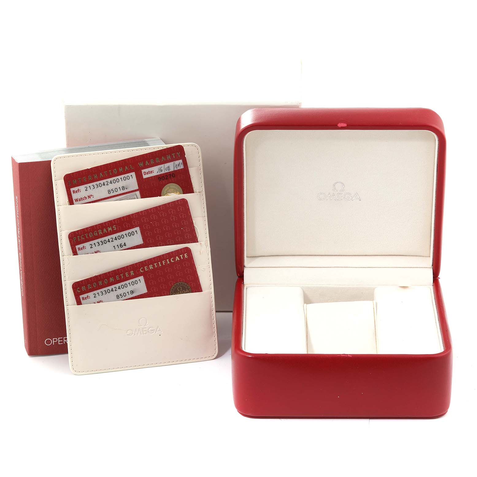 The image shows the Omega Seamaster 213.30.42.40.01.001 Men
s Stainless Steel Black Dial 213.30.42.40.01.001 Men
s Stainless Steel Black Dial watch box with warranty and certification cards, all seen from a front angle.