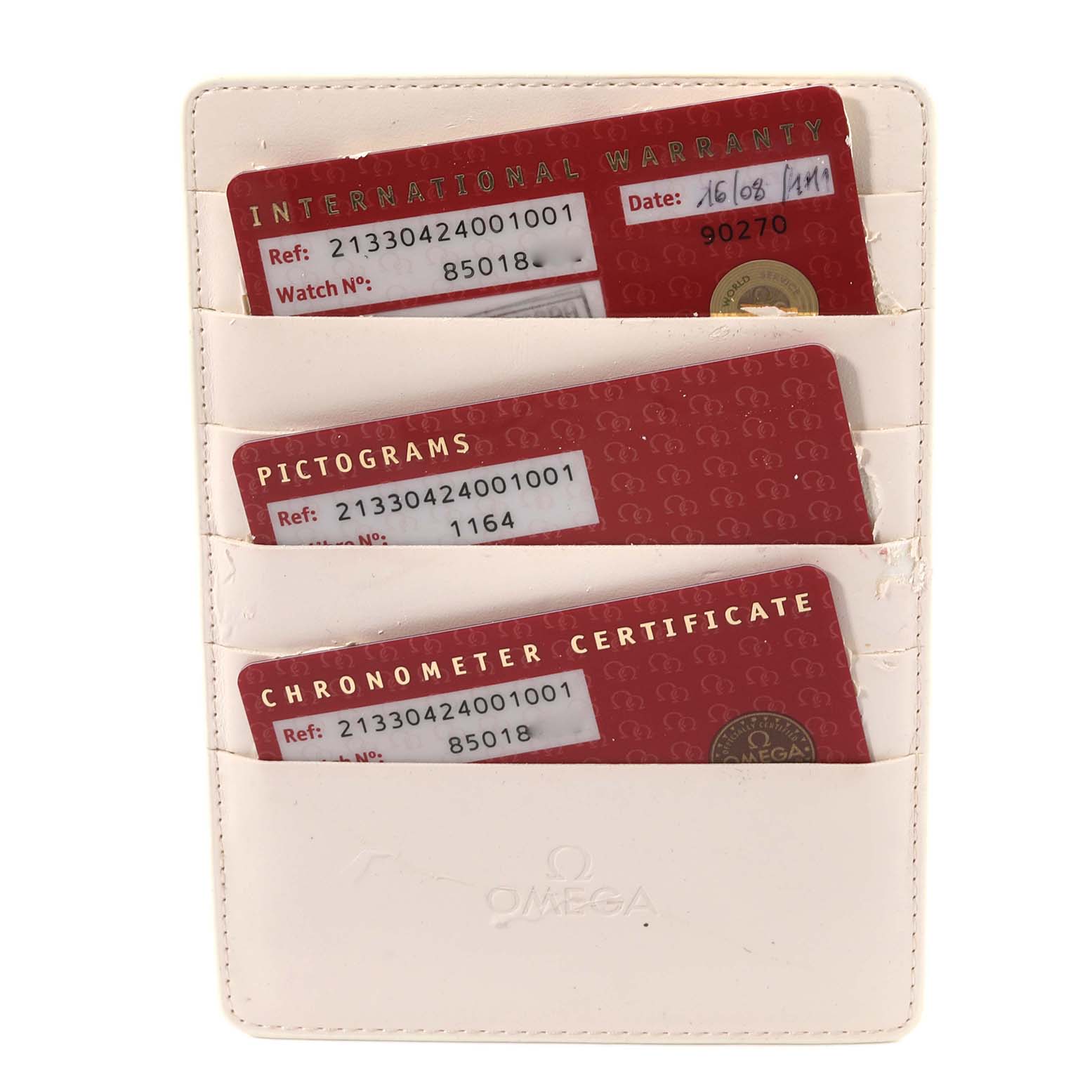 This image shows warranty, pictogram, and chronometer certificate cards for an Omega Seamaster 213.30.42.40.01.001 Men
s Stainless Steel Black Dial 213.30.42.40.01.001 Men
s Stainless Steel Black Dial watch.