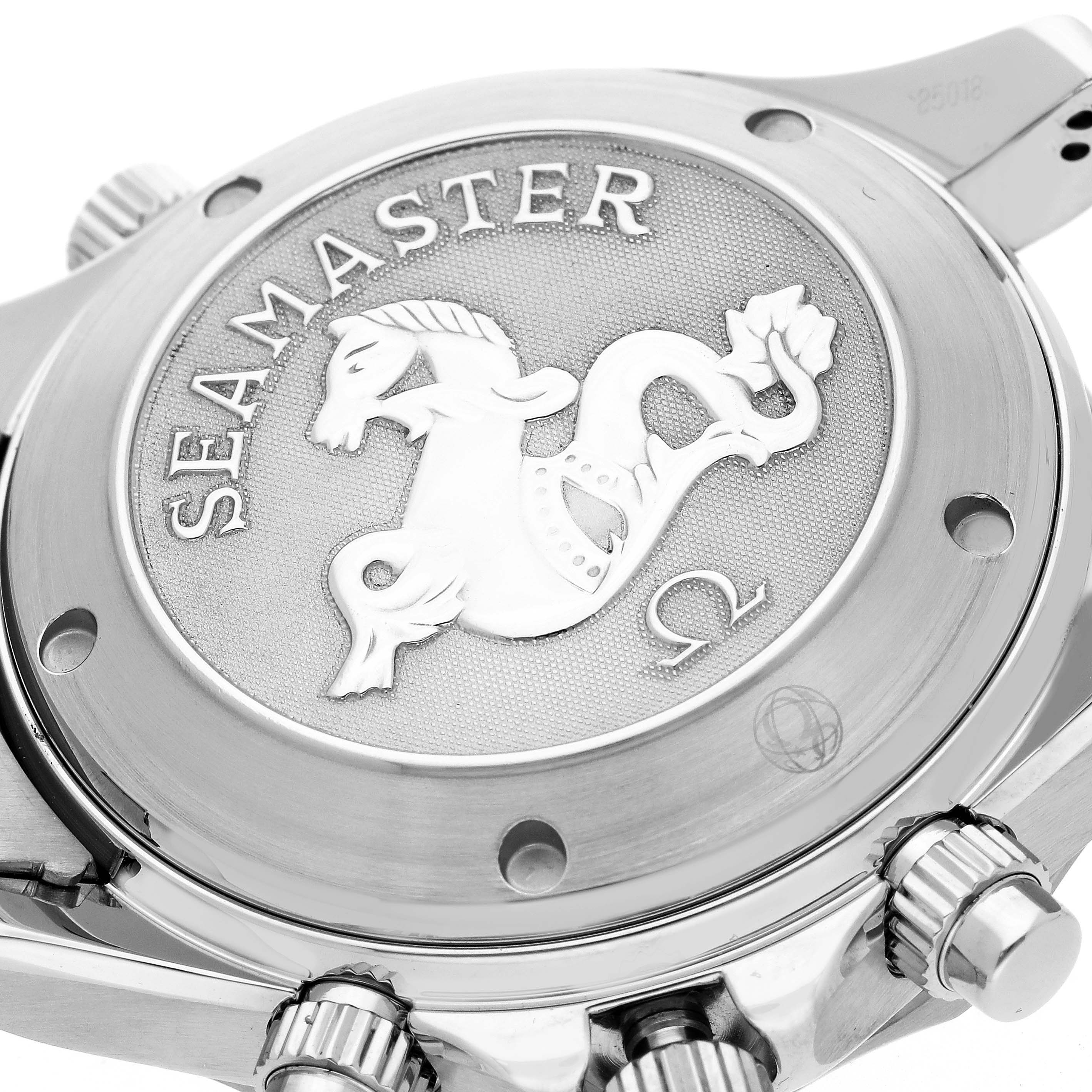 This image shows the case back and crown of an Omega Seamaster 213.30.42.40.01.001 Men
s Stainless Steel Black Dial 213.30.42.40.01.001 Men
s Stainless Steel Black Dial watch, highlighting the engraved logo.