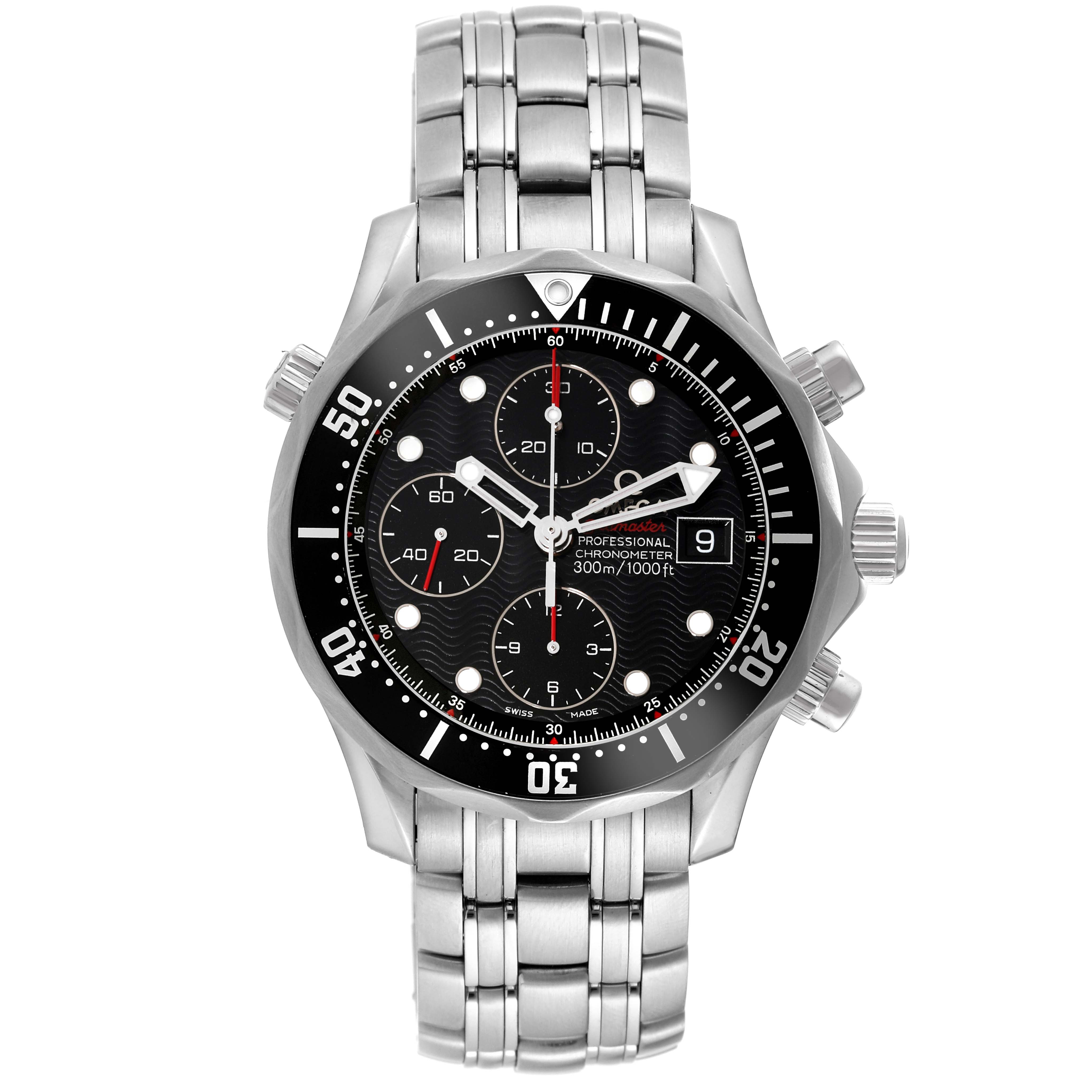 The Omega Seamaster 213.30.42.40.01.001 Men
s Stainless Steel Black Dial 213.30.42.40.01.001 Men
s Stainless Steel Black Dial watch is shown from a front angle, displaying its black dial, chronographs, bezel, and stainless steel bracelet.