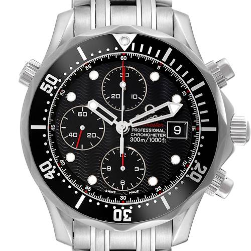 The image shows a front view of the Omega Seamaster watch, highlighting the dial, bezel, and bracelet.