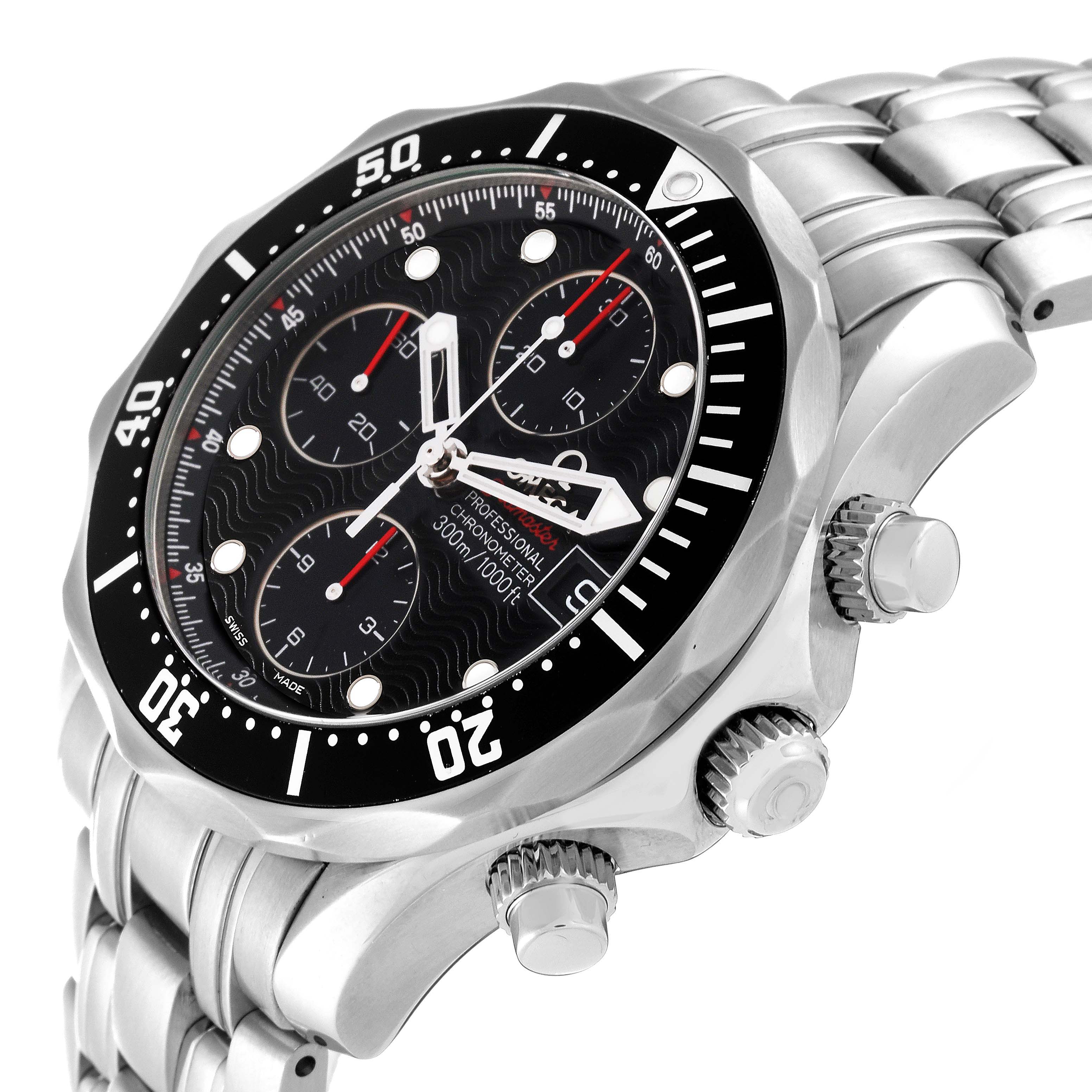 The Omega Seamaster 213.30.42.40.01.001 Men
s Stainless Steel Black Dial 213.30.42.40.01.001 Men
s Stainless Steel Black Dial watch is shown from an angled close-up, highlighting the dial, bezel, crown, and part of the bracelet.