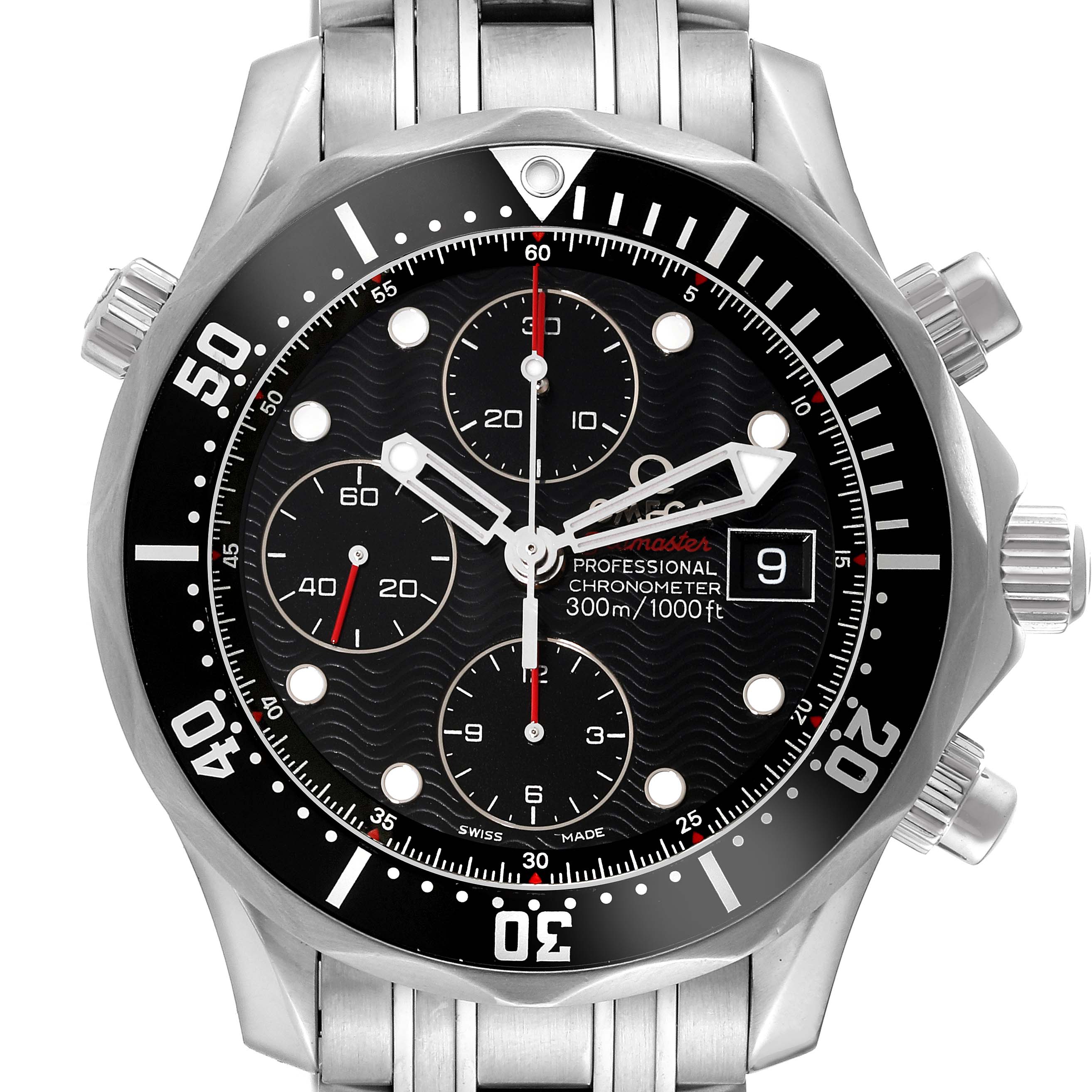 The Omega Seamaster 213.30.42.40.01.001 Men
s Stainless Steel Black Dial 213.30.42.40.01.001 Men
s Stainless Steel Black Dial watch is shown from a front angle, highlighting its dial, bezel, chronograph subdials, and stainless steel bracelet.
