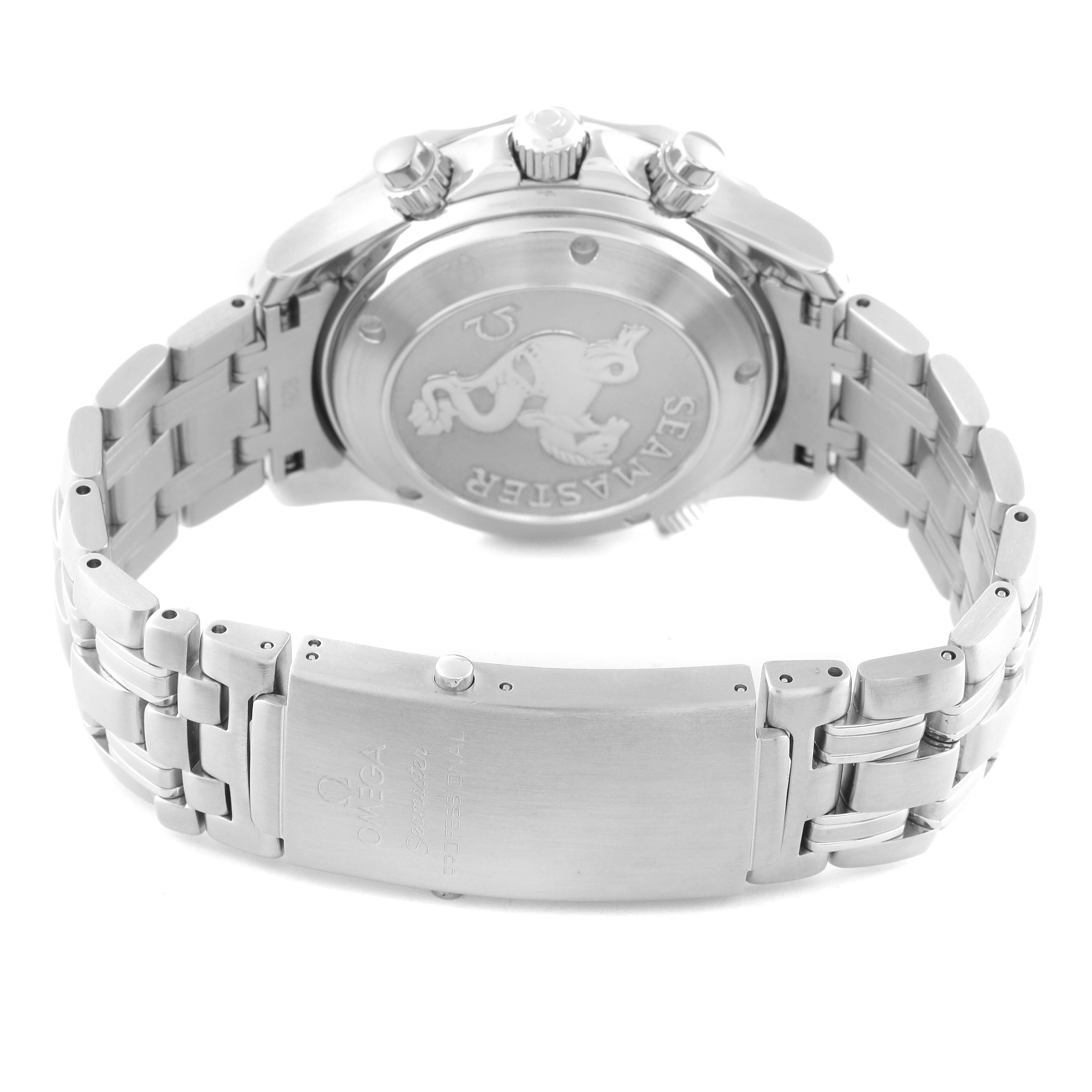 The image shows the back case and bracelet of an Omega Seamaster 213.30.42.40.01.001 Men
s Stainless Steel Black Dial 213.30.42.40.01.001 Men
s Stainless Steel Black Dial watch.