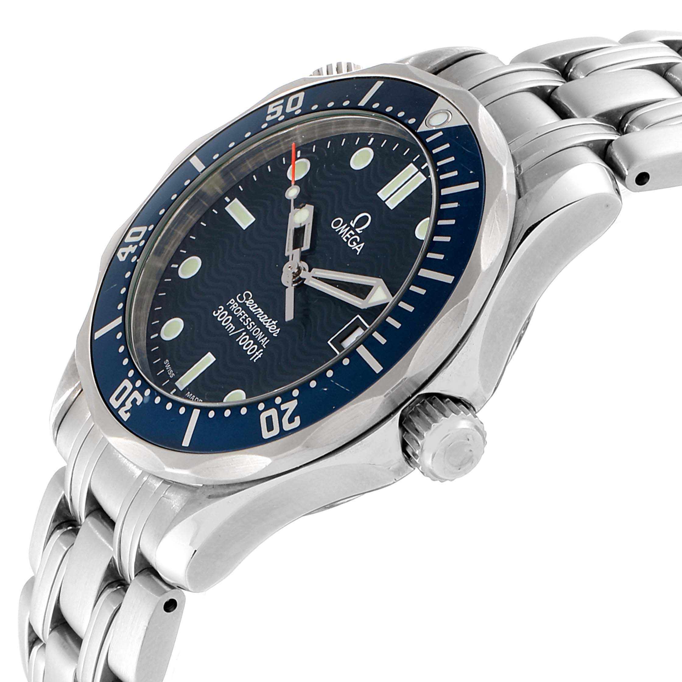 The image shows an angled view of the Omega Seamaster 2561.80.00 Men's Stainless Steel Blue Dial 2561.80.00 Men's Stainless Steel Blue Dial watch, highlighting the bezel, dial, crown, and bracelet.