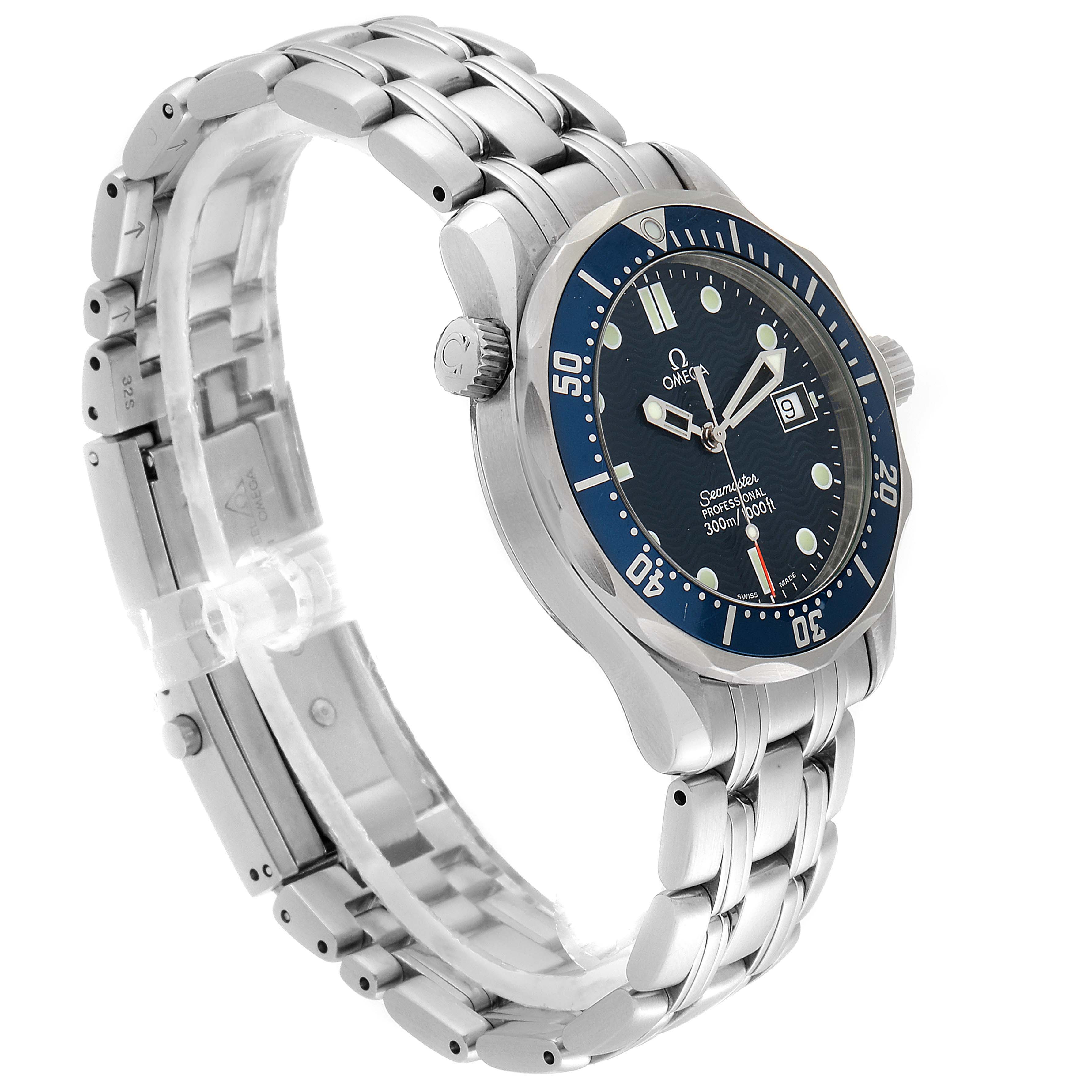 This image shows a side-angle view of an Omega Seamaster 2561.80.00 Men's Stainless Steel Blue Dial 2561.80.00 Men's Stainless Steel Blue Dial watch, showcasing its stainless steel band, bezel, and crown.