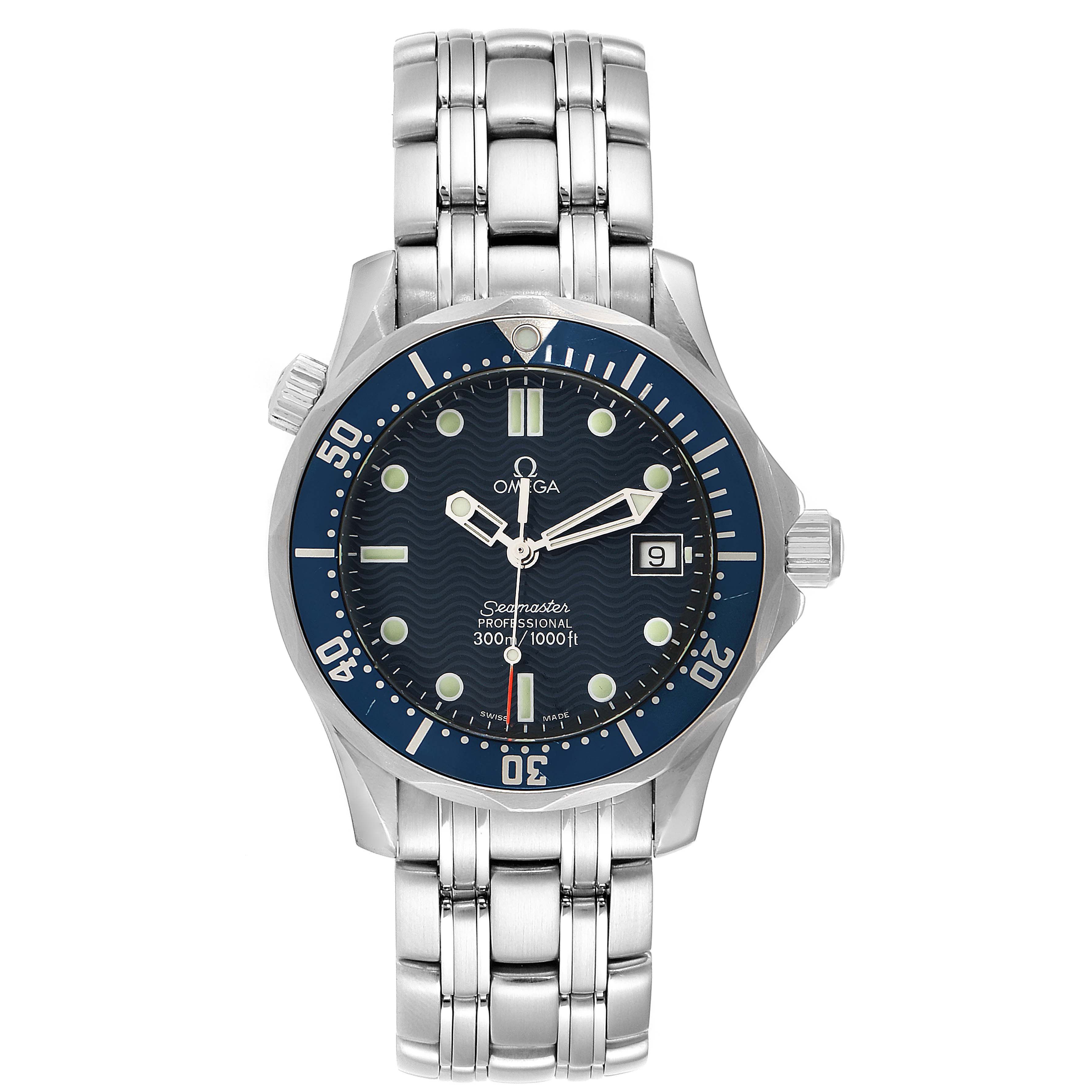 This Omega Seamaster 2561.80.00 Men's Stainless Steel Blue Dial 2561.80.00 Men's Stainless Steel Blue Dial watch is shown from a front angle, displaying its face, bezel, bracelet, and crown.