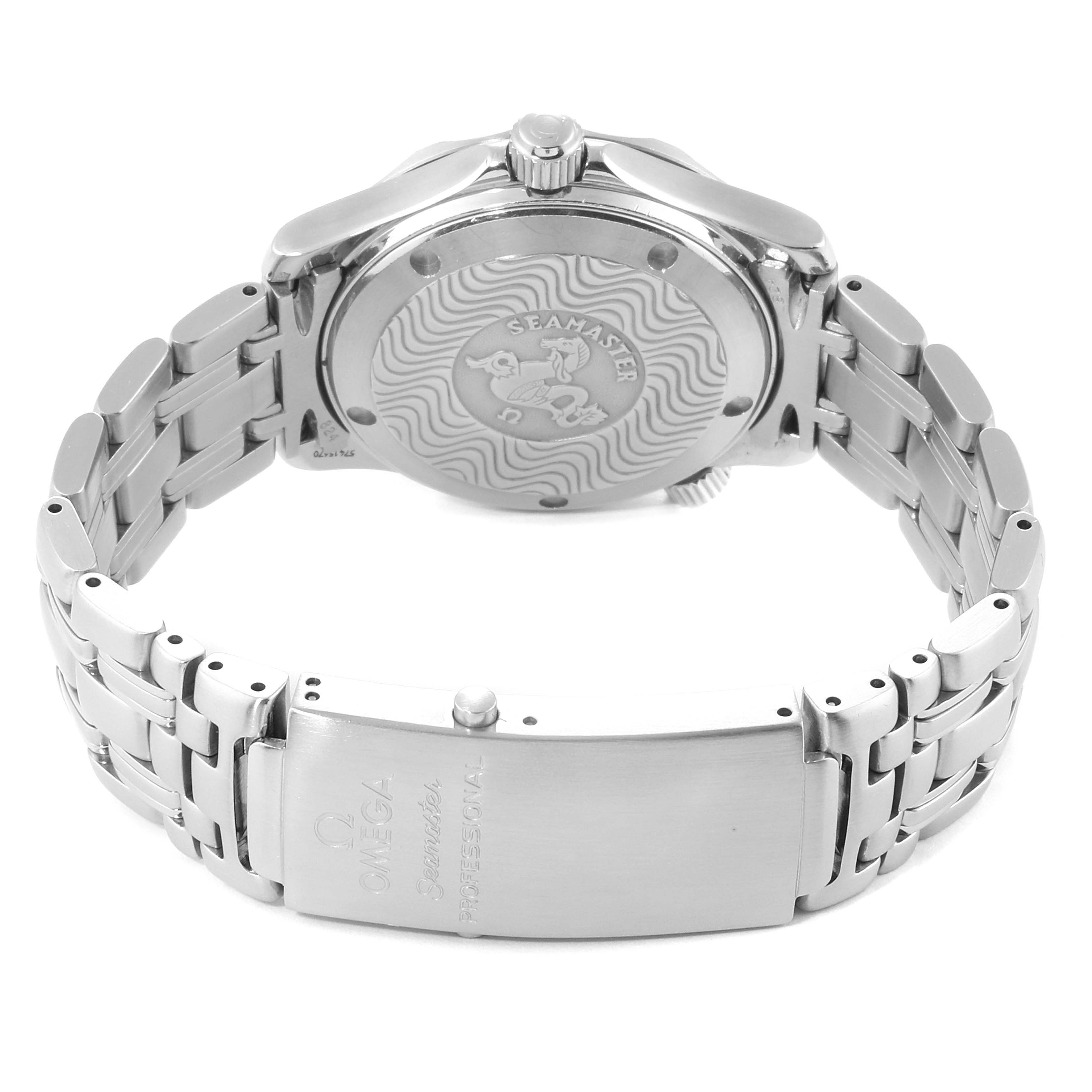 The image shows the back case and bracelet of an Omega Seamaster 2561.80.00 Men's Stainless Steel Blue Dial 2561.80.00 Men's Stainless Steel Blue Dial watch.