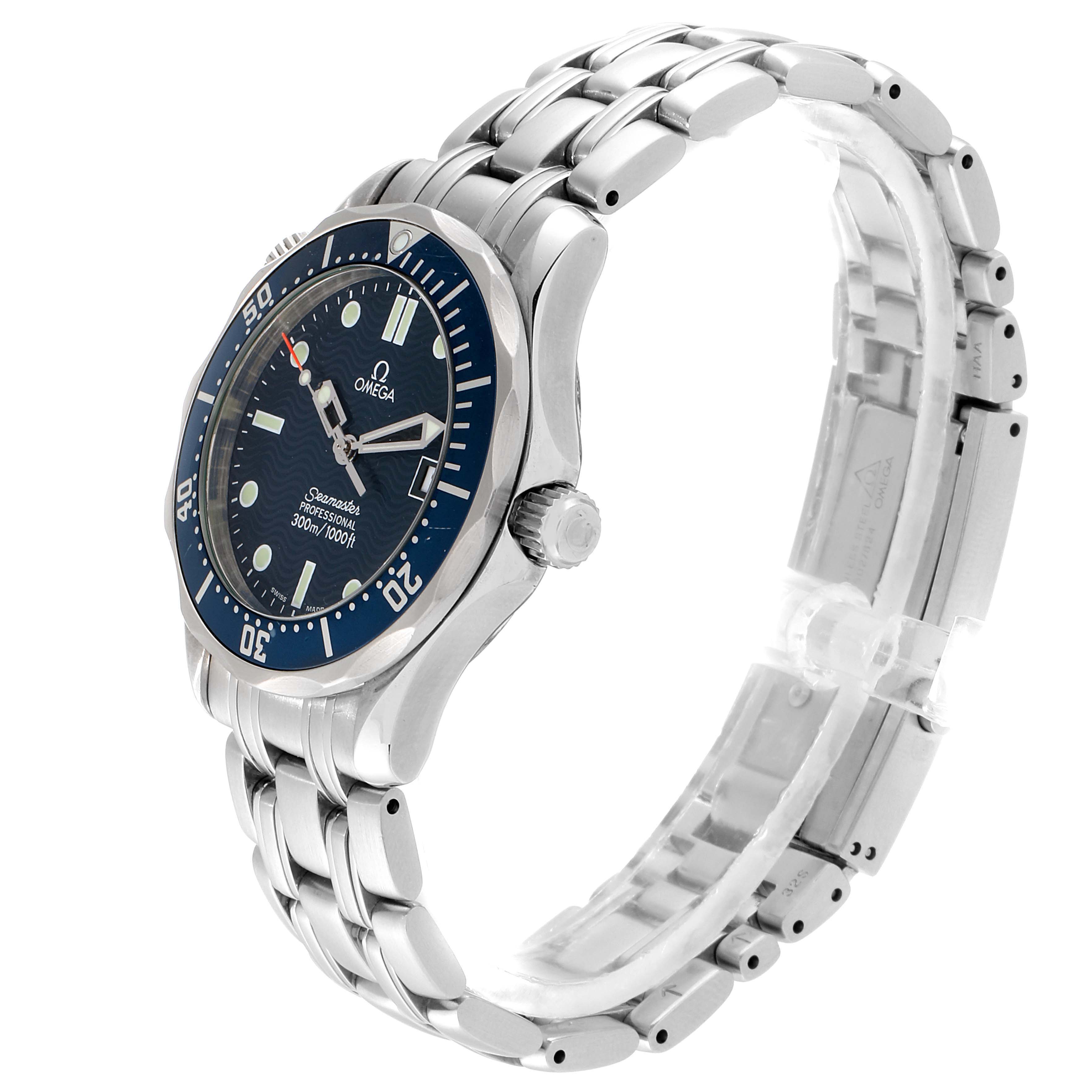 The Omega Seamaster 2561.80.00 Men's Stainless Steel Blue Dial 2561.80.00 Men's Stainless Steel Blue Dial watch is shown at an angled side view, displaying its face, bezel, crown, and bracelet.