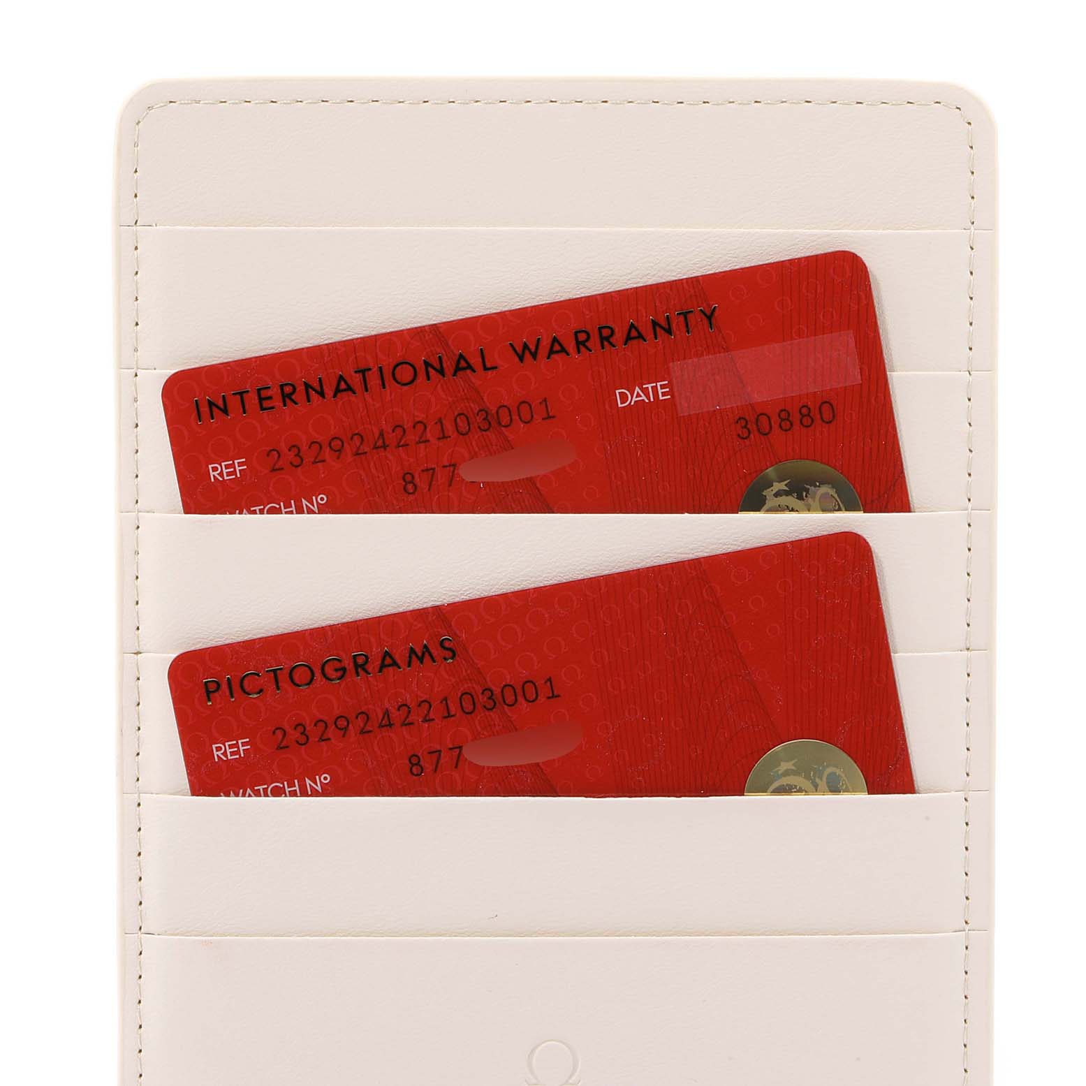 The image shows the international warranty and pictogram cards for an Omega Seamaster 232.92.42.21.03.001 Men's Stainless Steel Blue Dial 232.92.42.21.03.001 Men's Stainless Steel Blue Dial watch in a card holder.