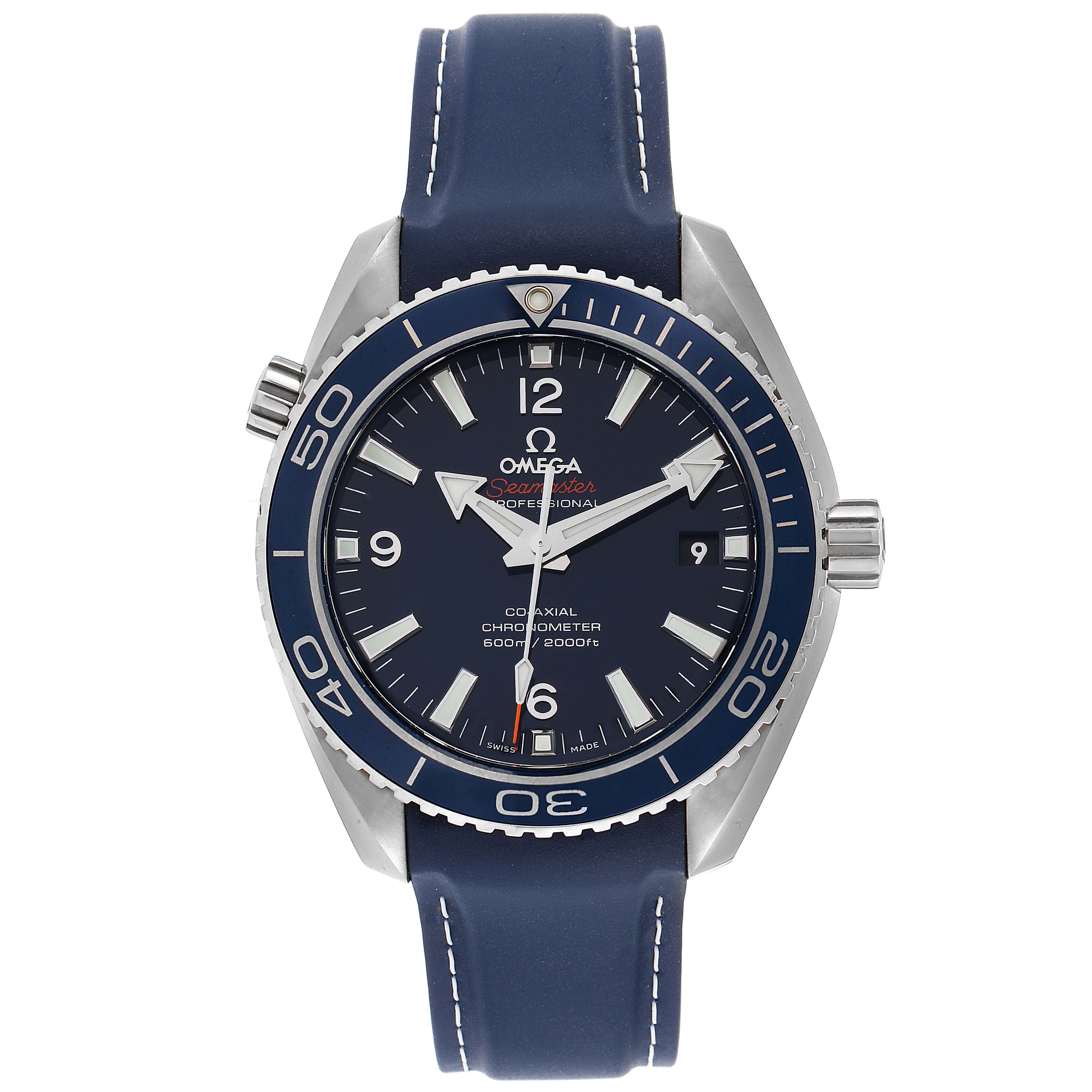 This Omega Seamaster 232.92.42.21.03.001 Men's Stainless Steel Blue Dial 232.92.42.21.03.001 Men's Stainless Steel Blue Dial watch is shown from a front angle, highlighting the dial, bezel, and blue strap.