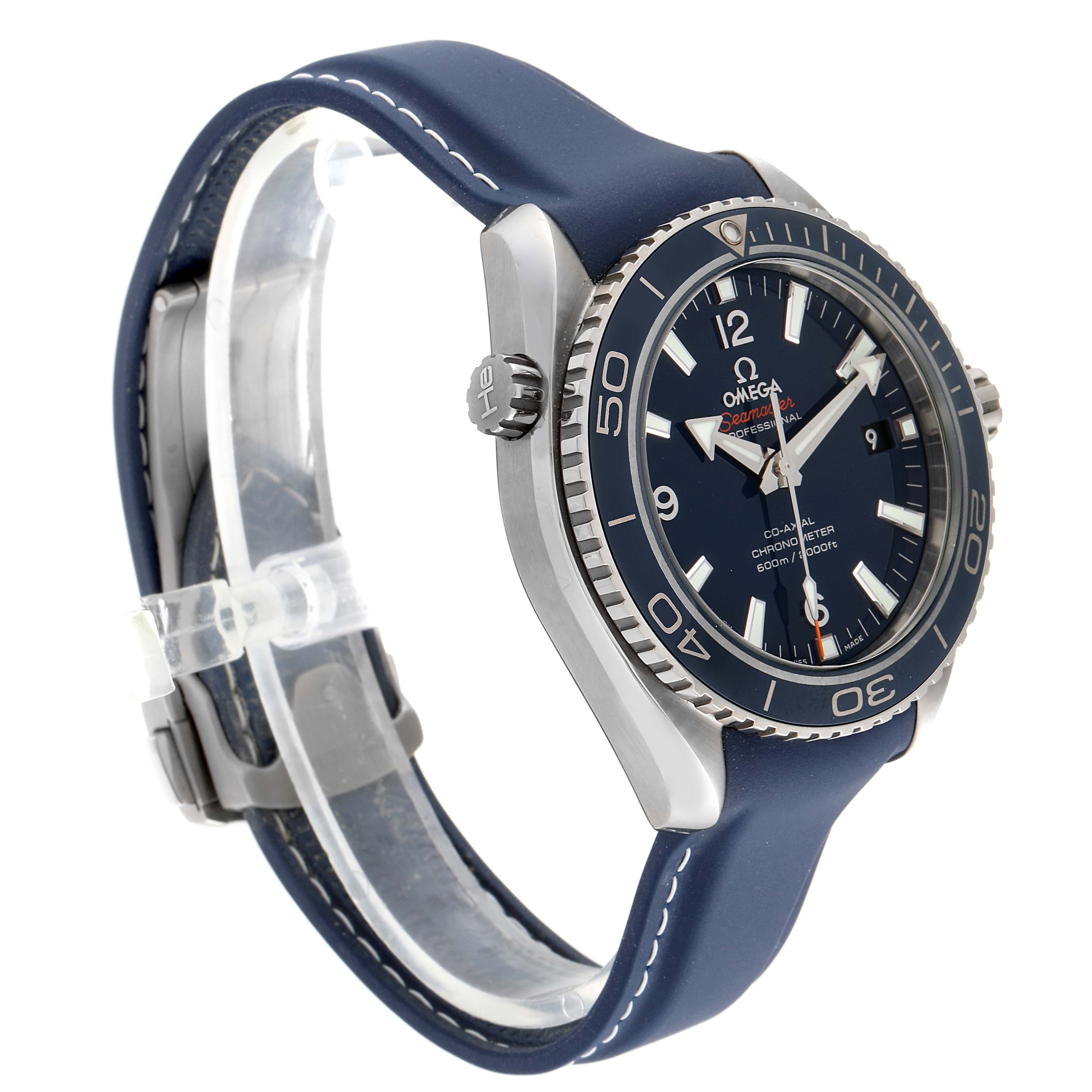 The image shows the Omega Seamaster 232.92.42.21.03.001 Men's Stainless Steel Blue Dial 232.92.42.21.03.001 Men's Stainless Steel Blue Dial watch from an angled side view, highlighting the bezel, dial, crown, and strap.