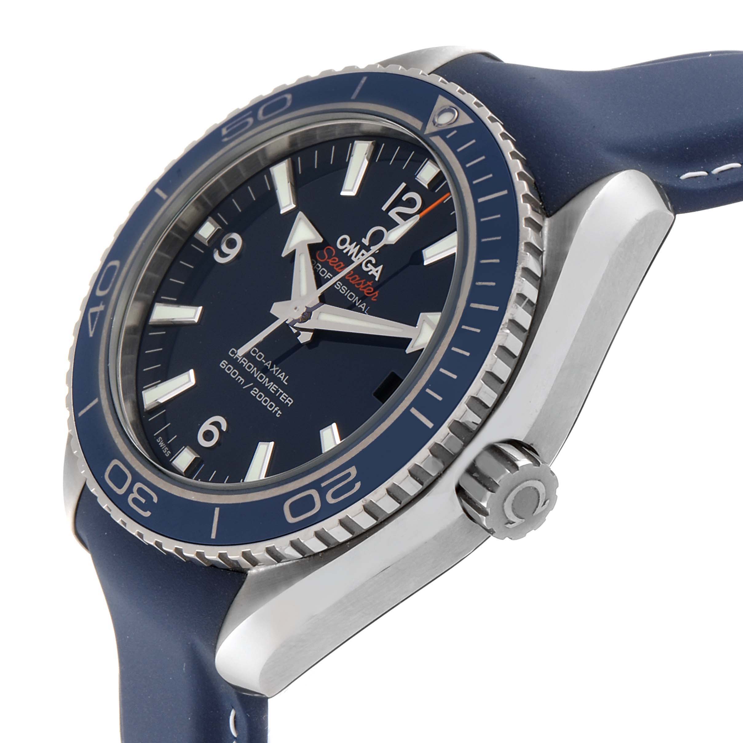 The Omega Seamaster 232.92.42.21.03.001 Men's Stainless Steel Blue Dial 232.92.42.21.03.001 Men's Stainless Steel Blue Dial watch is shown at an oblique angle, highlighting the bezel, dial, and a portion of the strap.