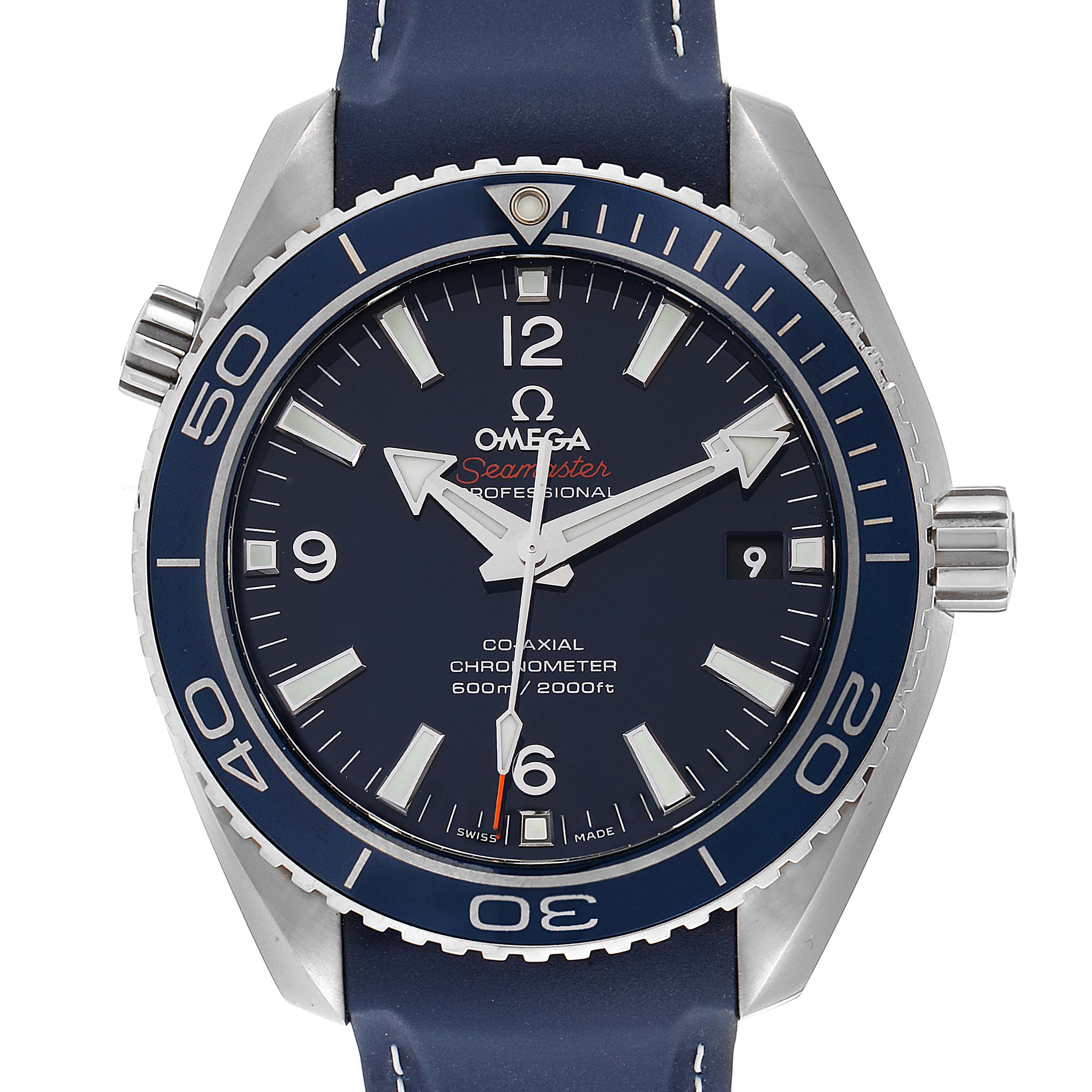 The image shows a front view of an Omega Seamaster 232.92.42.21.03.001 Men's Stainless Steel Blue Dial 232.92.42.21.03.001 Men's Stainless Steel Blue Dial watch, highlighting the dial, bezel, and crown.