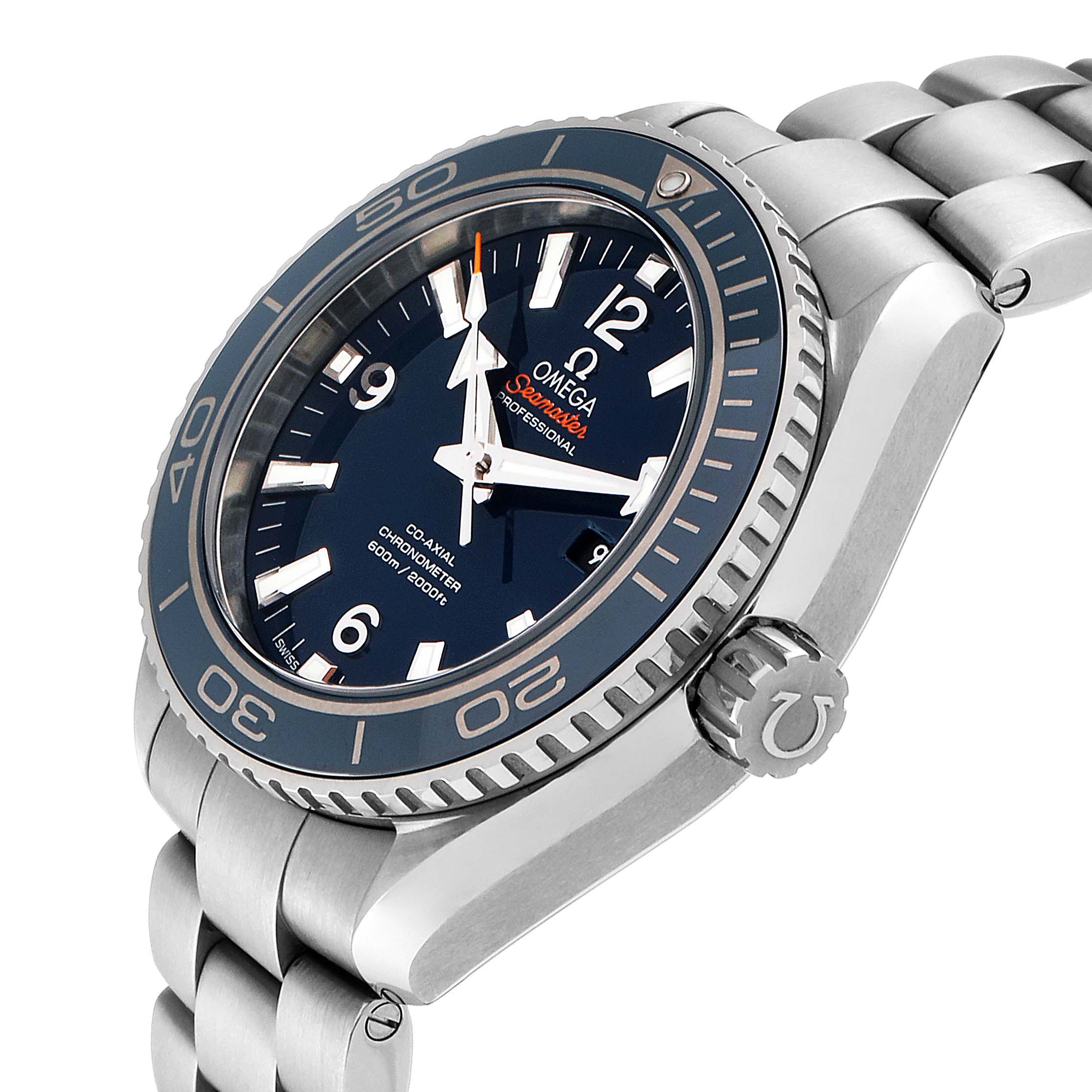 This image shows a side-angle view of the Omega Seamaster 232.90.38.20.03.001 Men's Stainless Steel Blue Dial 232.90.38.20.03.001 Men's Stainless Steel Blue Dial watch, highlighting the dial, bezel, crown, and metal bracelet.