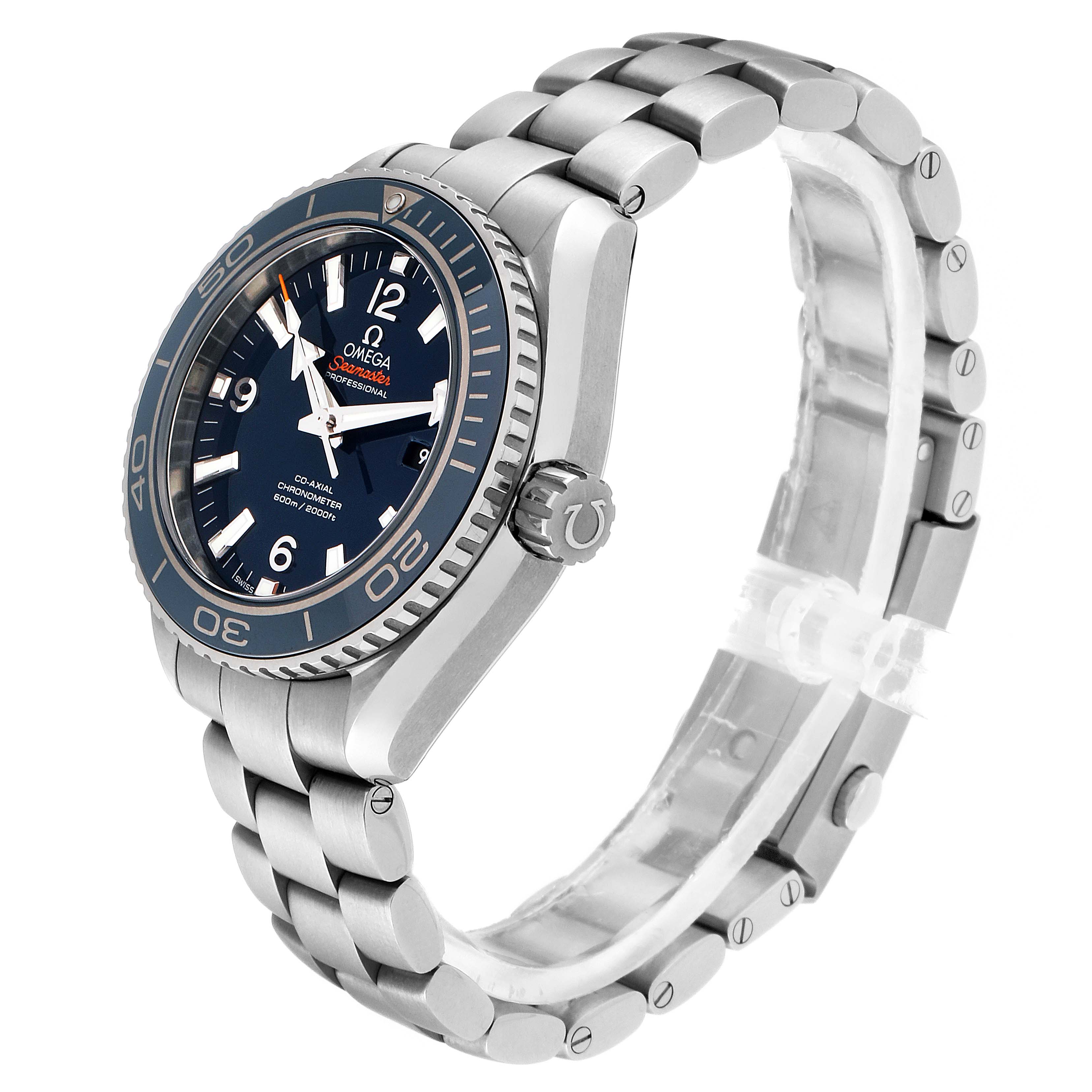 The image shows a side angle of the Omega Seamaster 232.90.38.20.03.001 Men's Stainless Steel Blue Dial 232.90.38.20.03.001 Men's Stainless Steel Blue Dial watch, highlighting the bezel, crown, and bracelet.