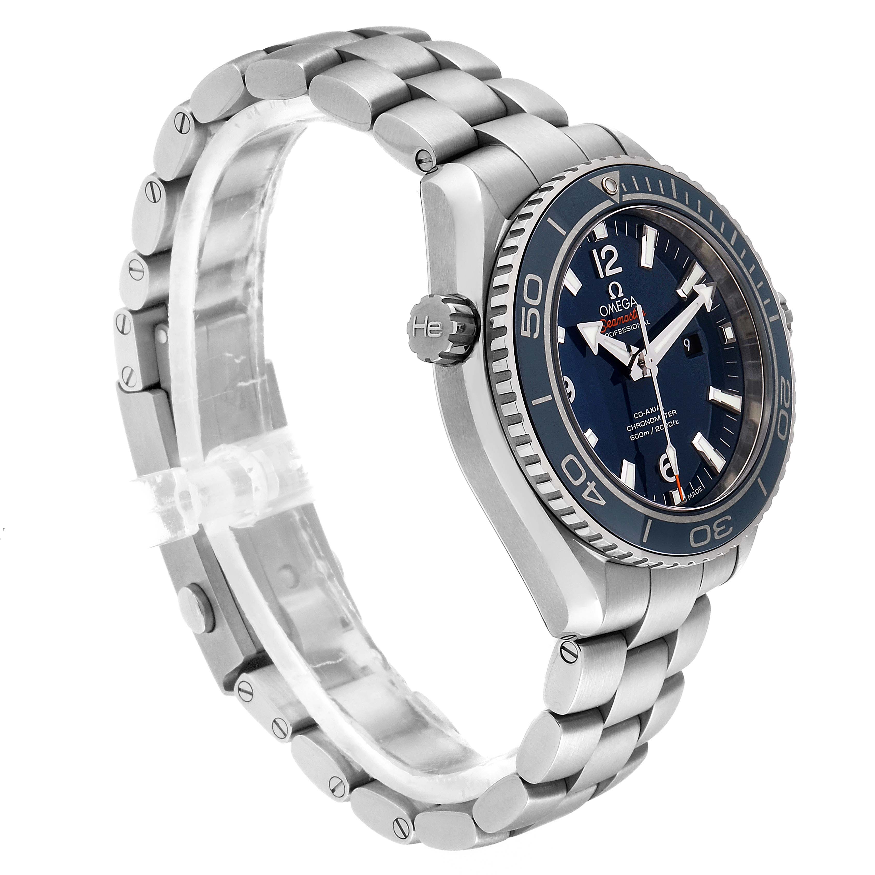The image shows an Omega Seamaster 232.90.38.20.03.001 Men's Stainless Steel Blue Dial 232.90.38.20.03.001 Men's Stainless Steel Blue Dial watch from a side angle, highlighting its bezel, crown, dial, and metal bracelet.