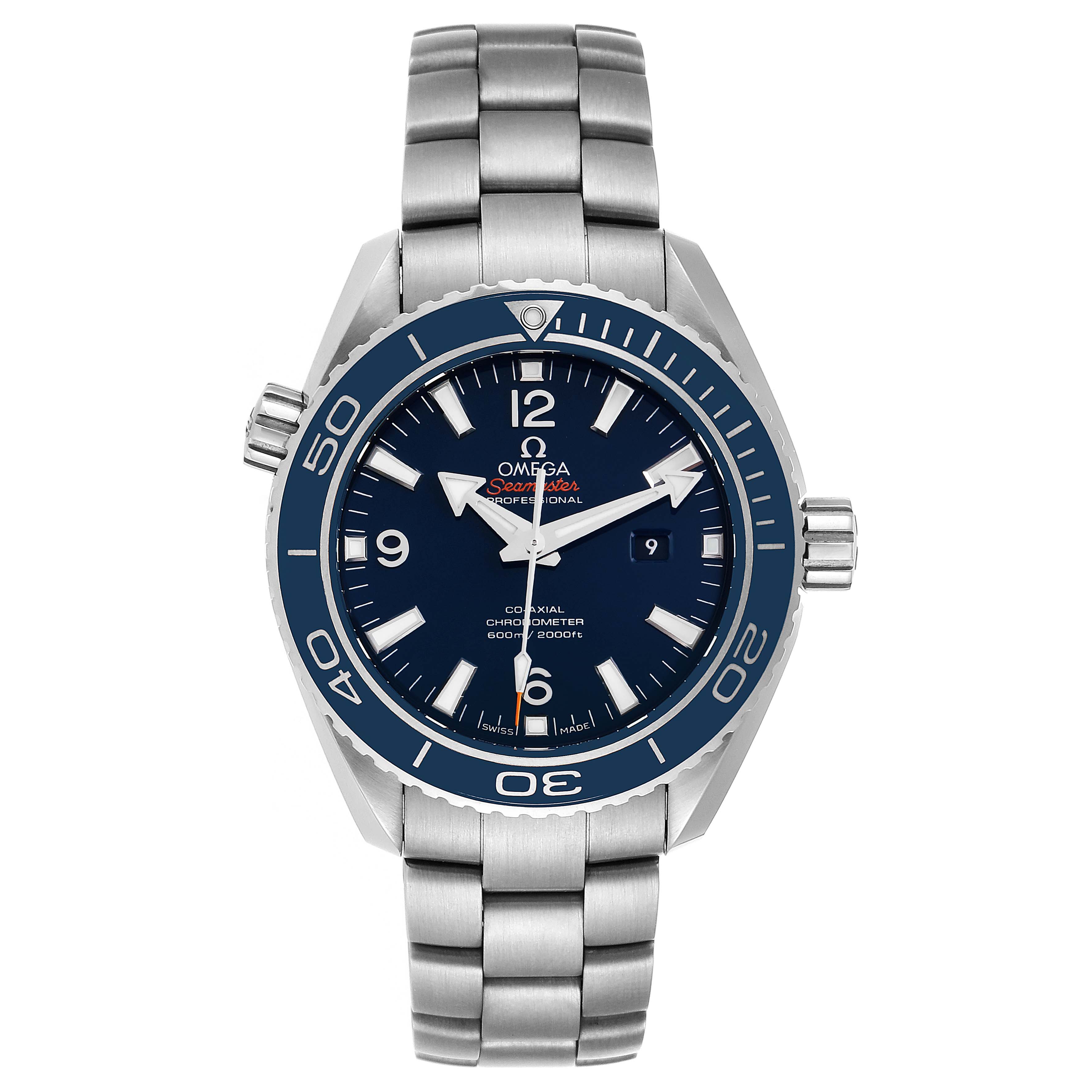 The image shows a frontal view of an Omega Seamaster 232.90.38.20.03.001 Men's Stainless Steel Blue Dial 232.90.38.20.03.001 Men's Stainless Steel Blue Dial watch, highlighting its dial, bezel, crown, and bracelet.
