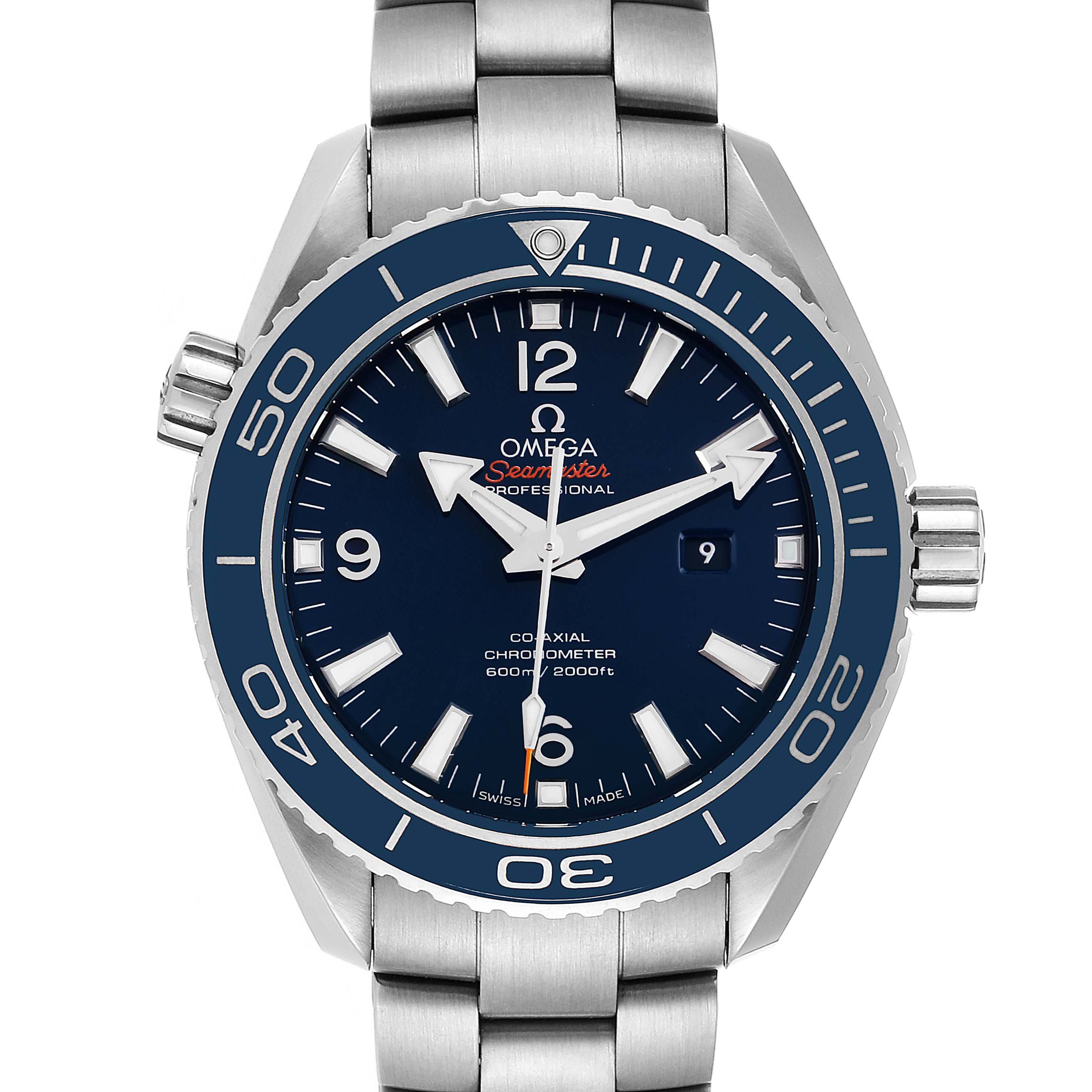 The Omega Seamaster 232.90.38.20.03.001 Men's Stainless Steel Blue Dial 232.90.38.20.03.001 Men's Stainless Steel Blue Dial watch is shown from a front angle, displaying the dial, bezel, bracelet, and crown.