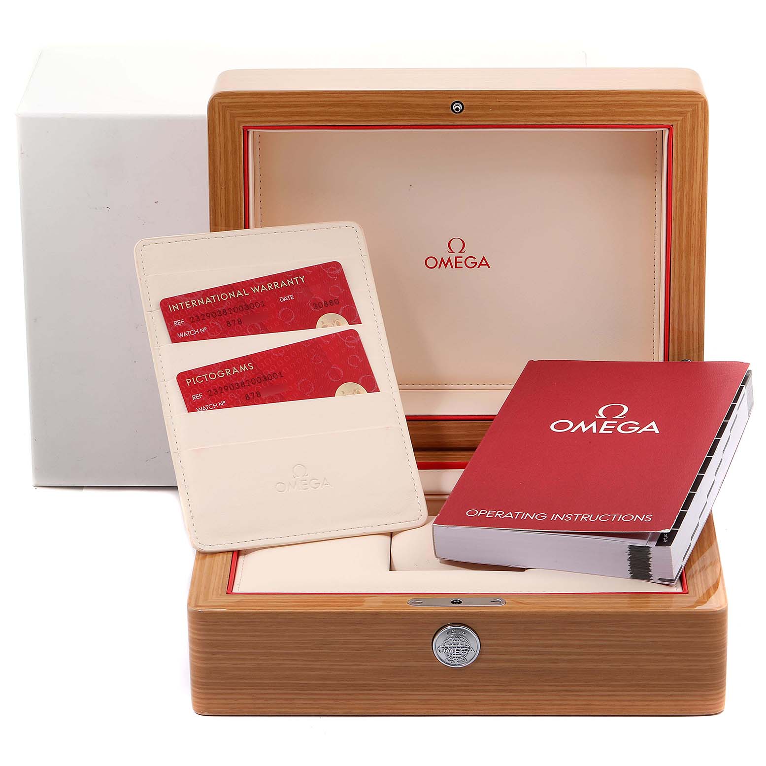 The image shows the presentation box, warranty cards, and manual for an Omega Seamaster 232.90.38.20.03.001 Men's Stainless Steel Blue Dial 232.90.38.20.03.001 Men's Stainless Steel Blue Dial watch.