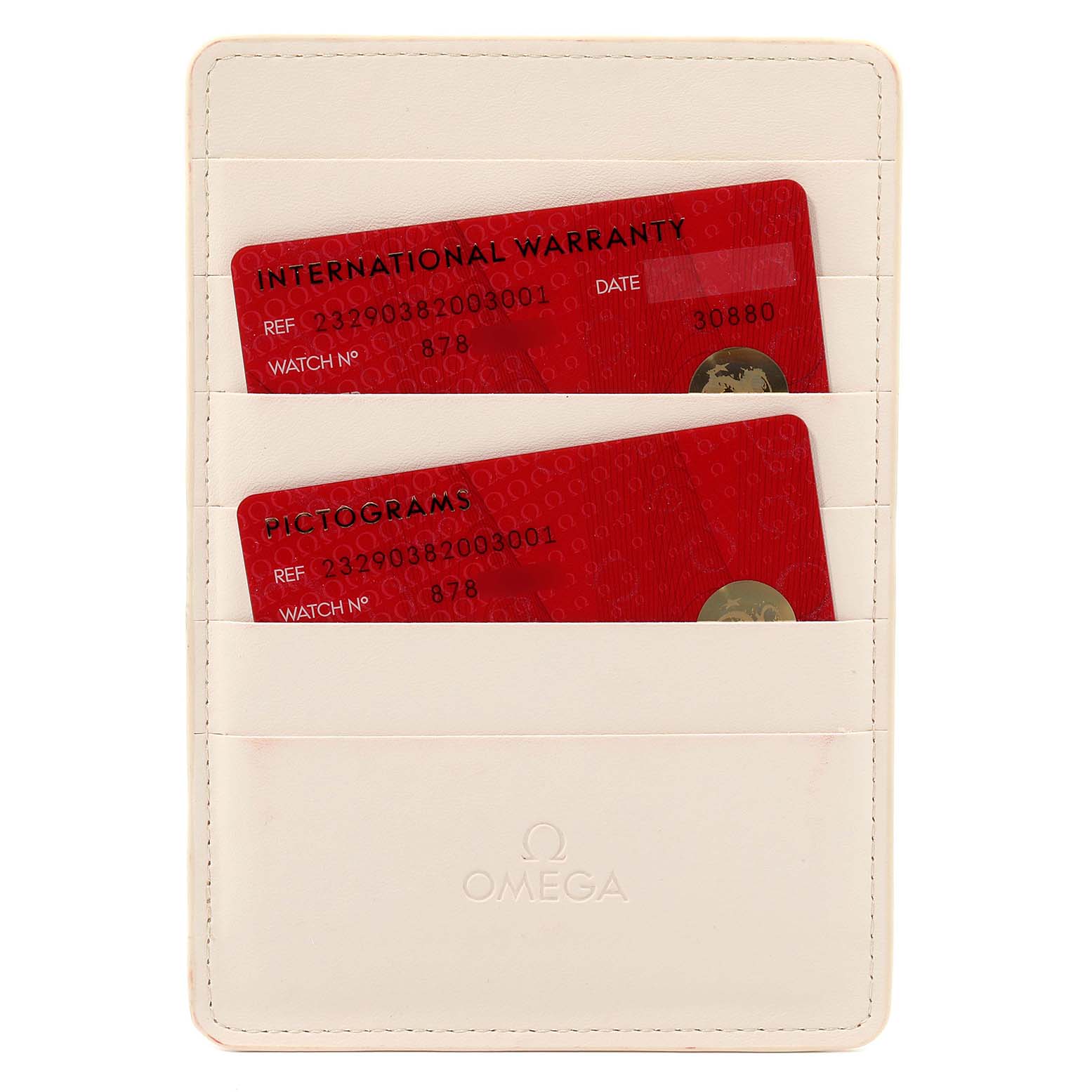 The image shows the international warranty and pictogram cards for the Omega Seamaster 232.90.38.20.03.001 Men's Stainless Steel Blue Dial 232.90.38.20.03.001 Men's Stainless Steel Blue Dial watch placed in a cream-colored cardholder.