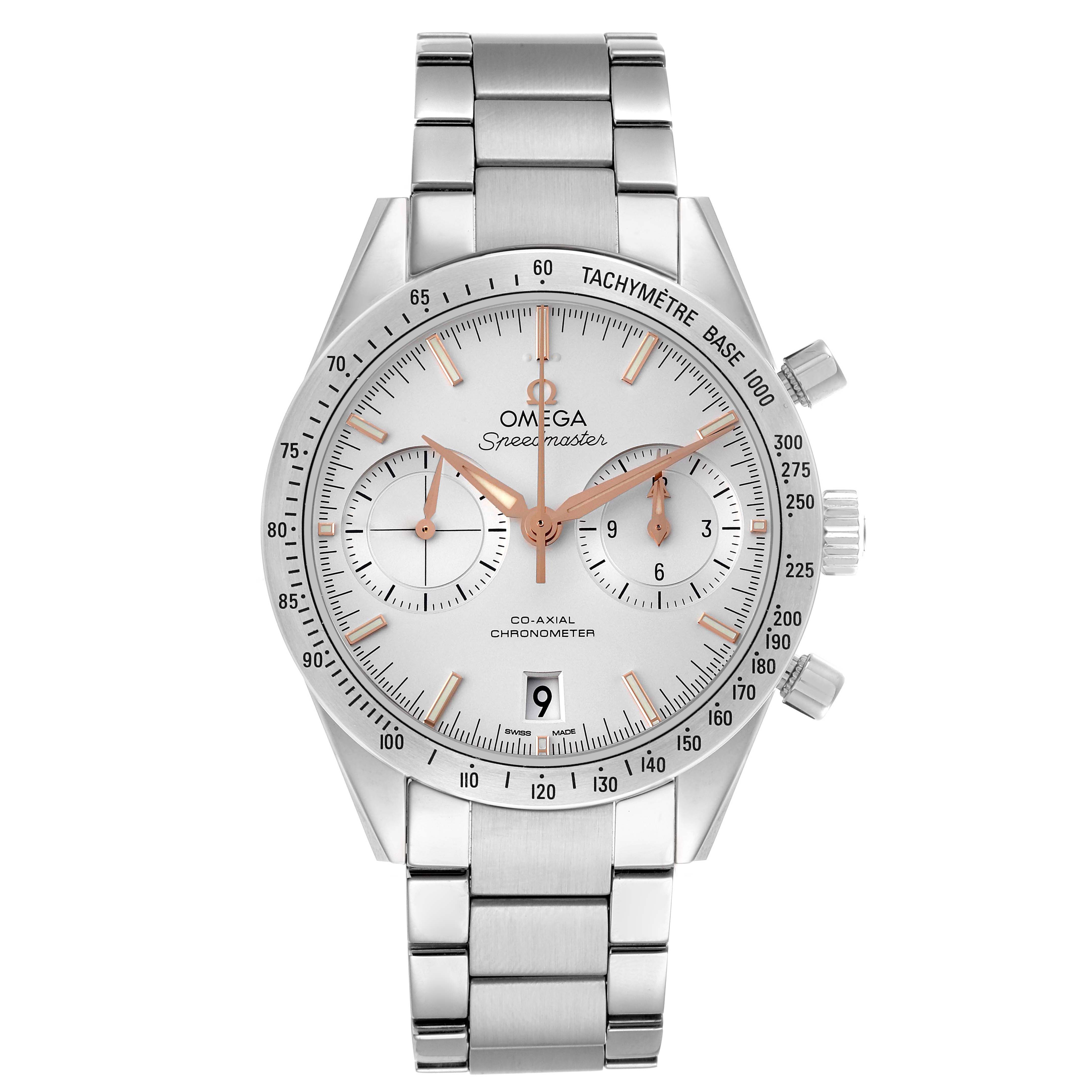 The Omega Speedmaster 331.12.42.51.02.002 Men
s Stainless Steel Silver Dial watch is shown from a front angle, highlighting its dial, three subdials, tachymeter, and metal bracelet.