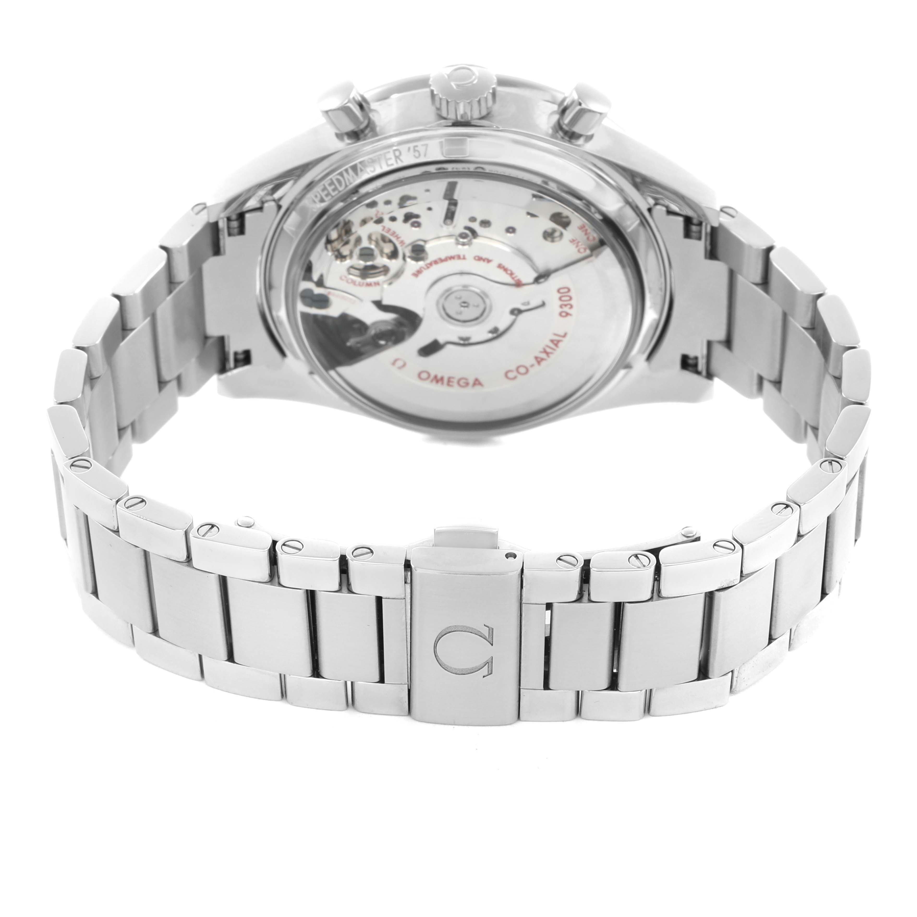 The Omega Speedmaster 331.12.42.51.02.002 Men
s Stainless Steel Silver Dial model is shown from the back, highlighting its transparent case back and metal bracelet.