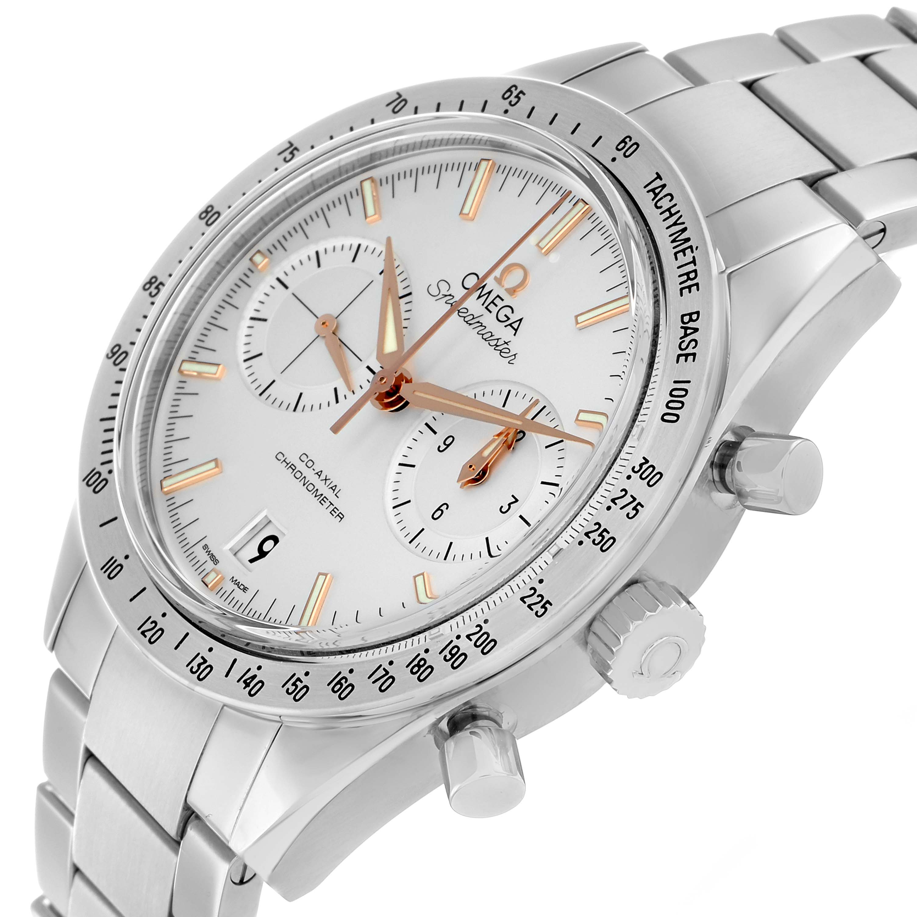 The Omega Speedmaster 331.12.42.51.02.002 Men
s Stainless Steel Silver Dial watch is shown at an angle highlighting the face, side buttons, and bracelet.