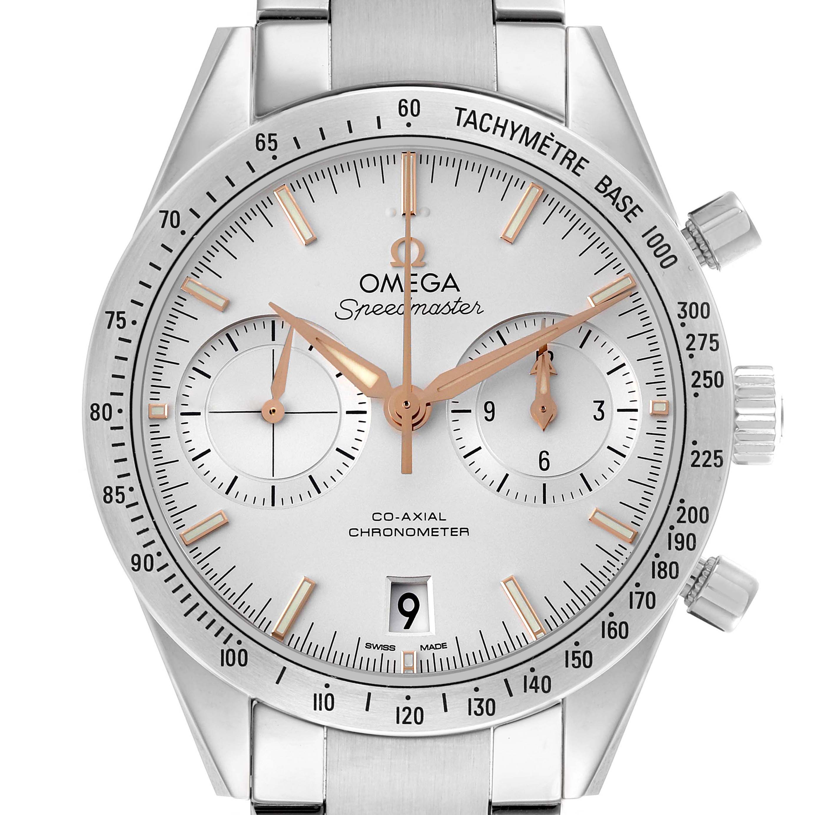 The Omega Speedmaster 331.12.42.51.02.002 Men
s Stainless Steel Silver Dial watch is shown from the front, highlighting the dial, tachymeter bezel, crown, and sub-dials.