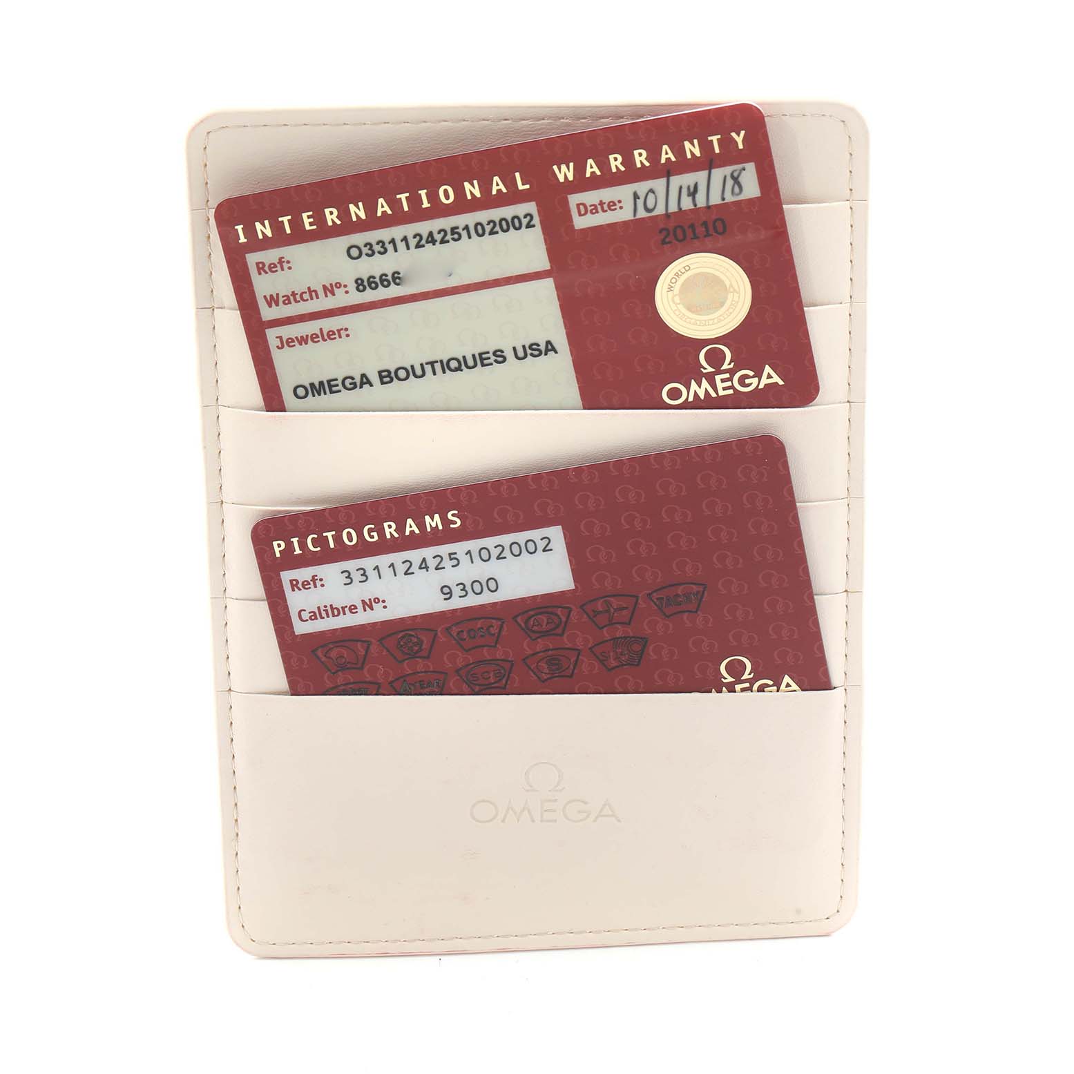 The image shows Omega Speedmaster 331.12.42.51.02.002 Men
s Stainless Steel Silver Dial warranty and pictogram cards in a white cardholder.