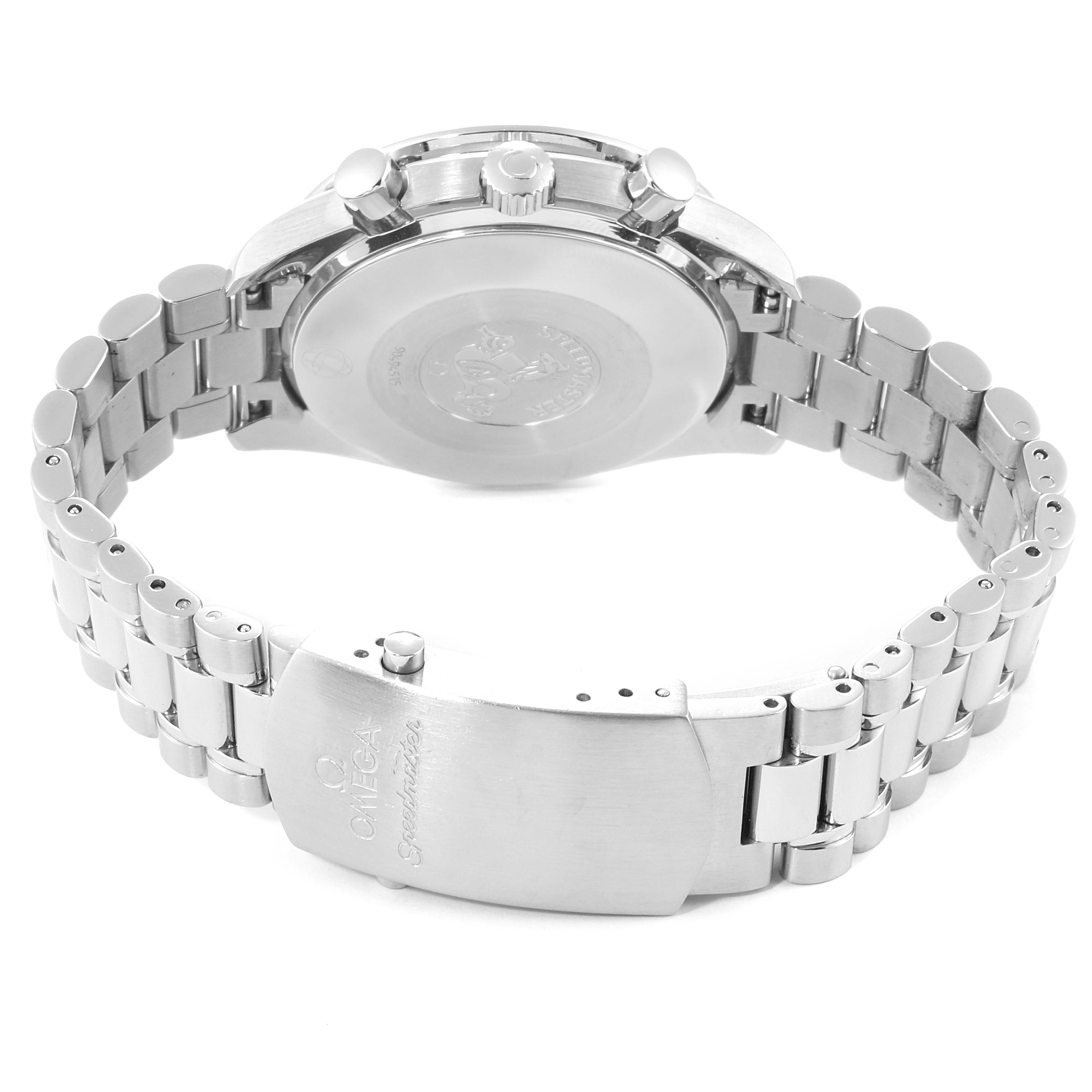 The image shows the back case, bracelet, and clasp of an Omega Speedmaster 3539.50.00 Men's Stainless Steel Black Dial 3539.50.00 Men's Stainless Steel Black Dial watch from a rear angle.