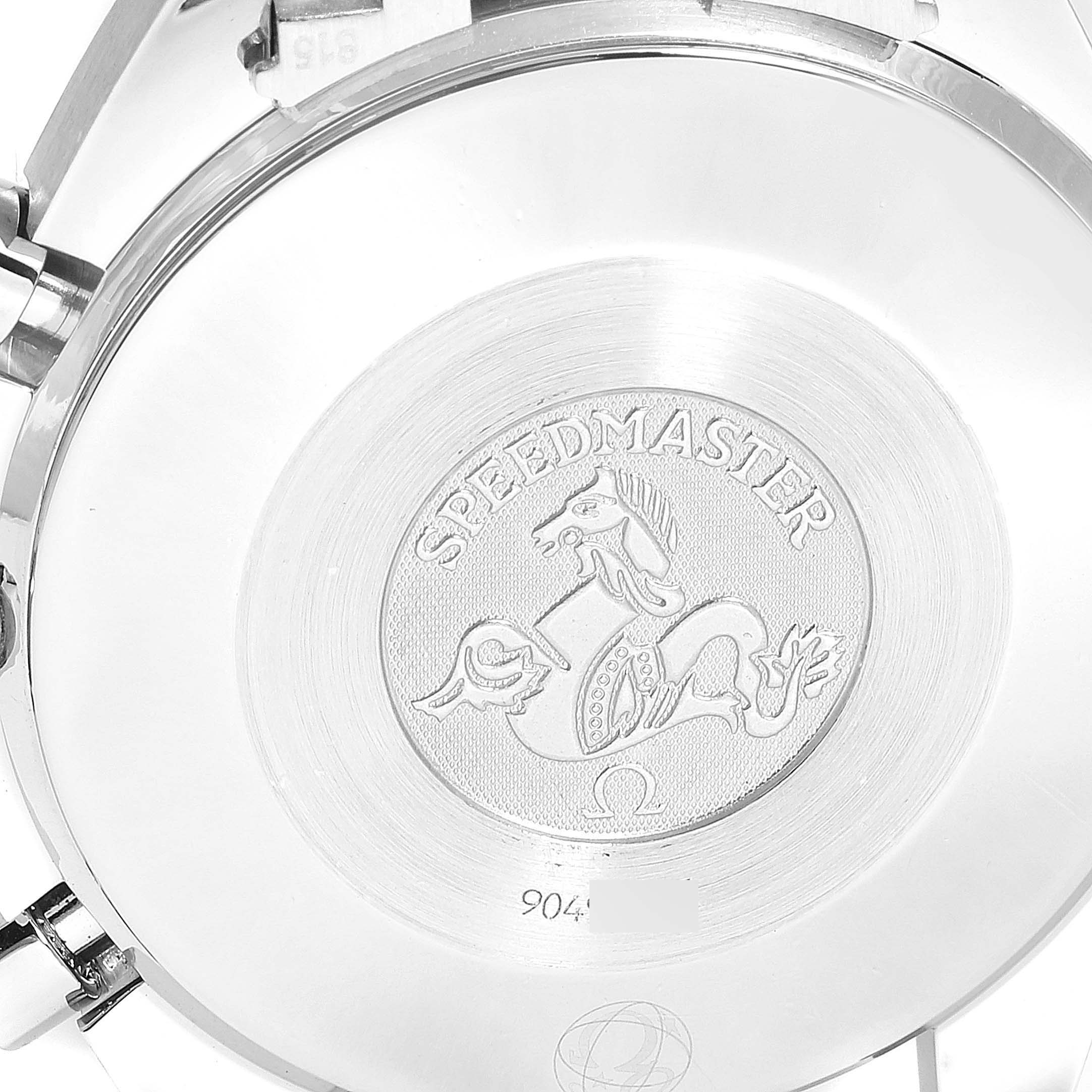 This image shows the engraved case back of an Omega Speedmaster 3539.50.00 Men's Stainless Steel Black Dial 3539.50.00 Men's Stainless Steel Black Dial watch from a rear angle.