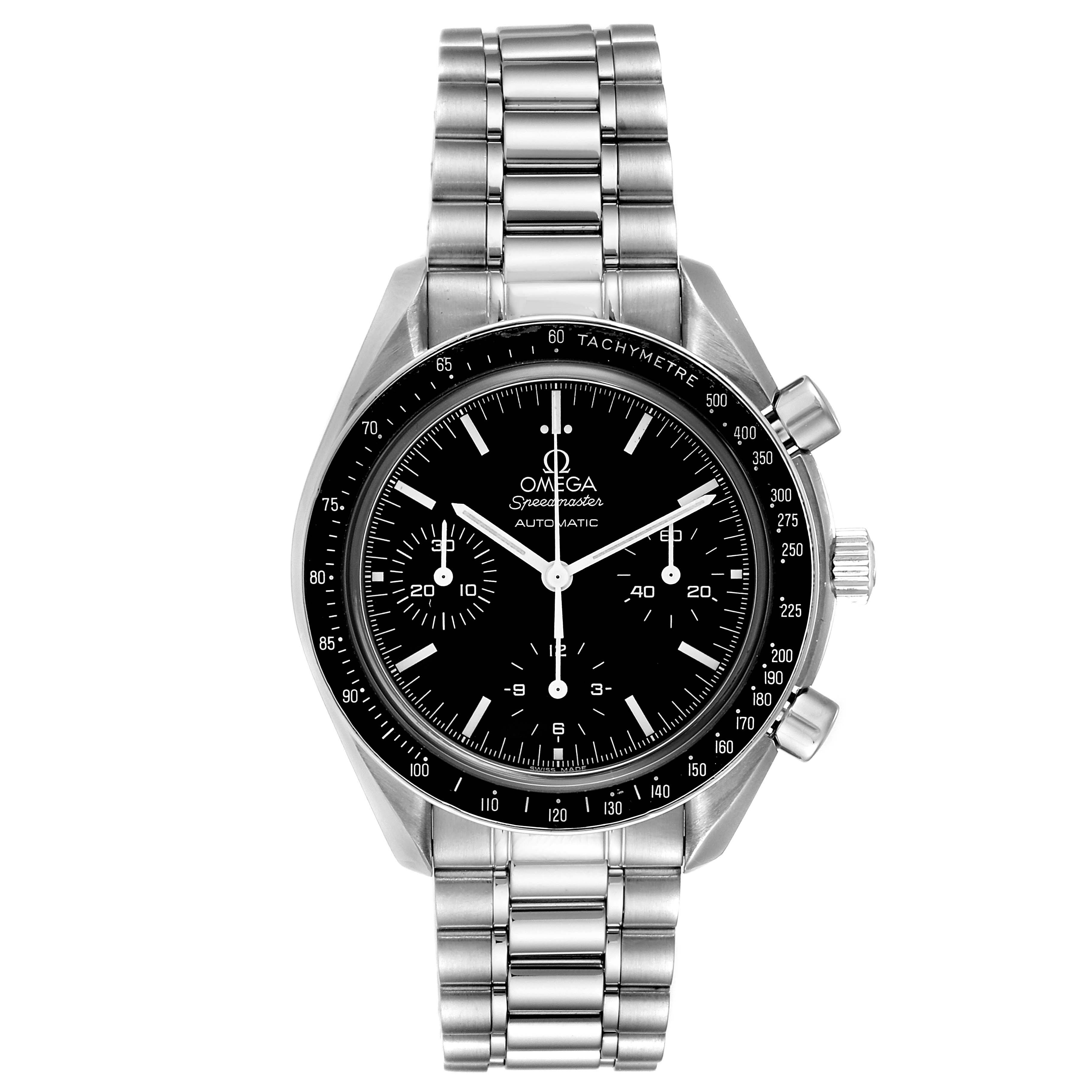 The image shows a front view of the Omega Speedmaster 3539.50.00 Men's Stainless Steel Black Dial 3539.50.00 Men's Stainless Steel Black Dial watch, displaying its black dial, tachymeter bezel, and stainless steel bracelet.