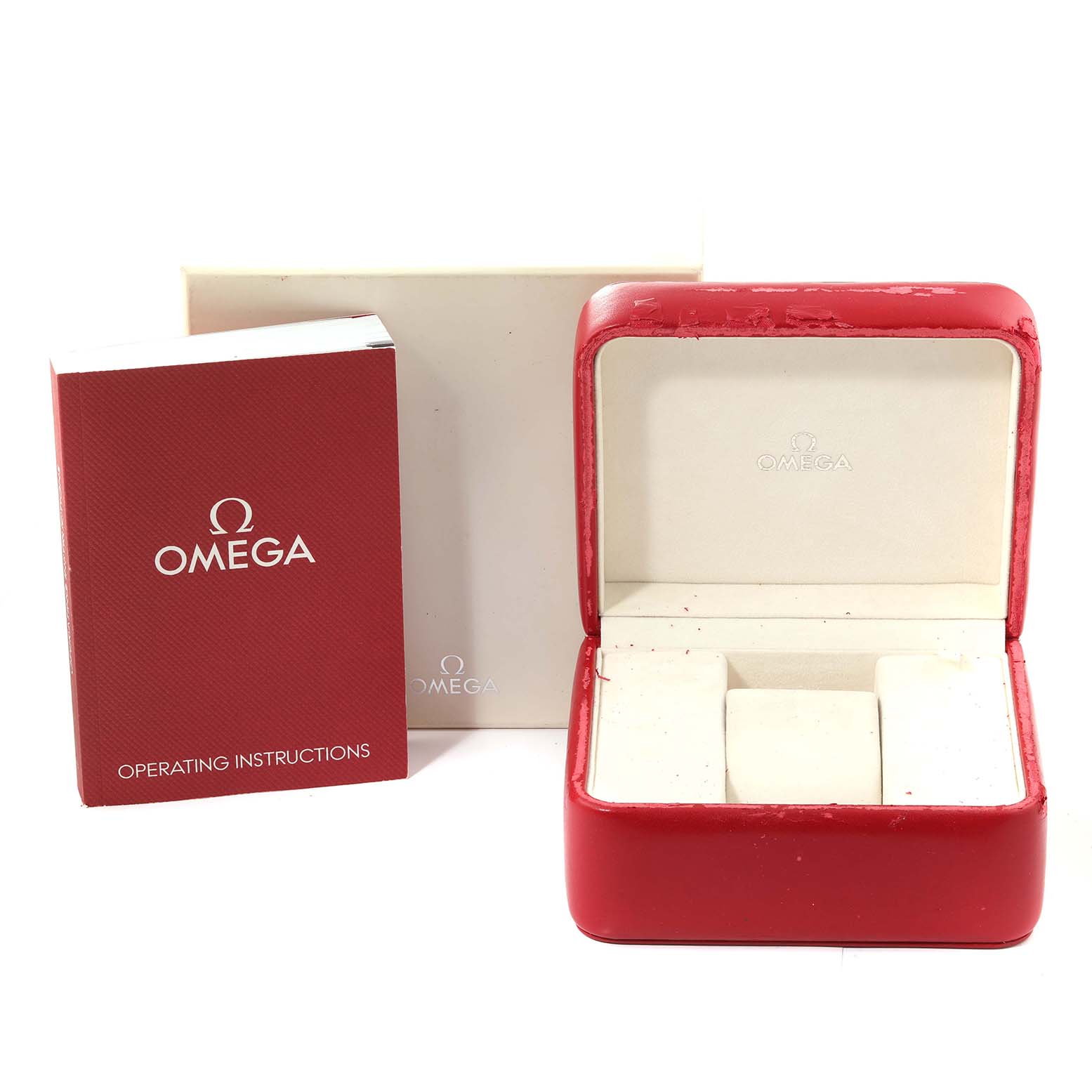 The image shows the Omega Speedmaster 323.30.40.40.06.001 Men's Stainless Steel Grey Dial 323.30.40.40.06.001 Men's Stainless Steel Grey Dial watch’s red box and operating instructions at a frontal angle.