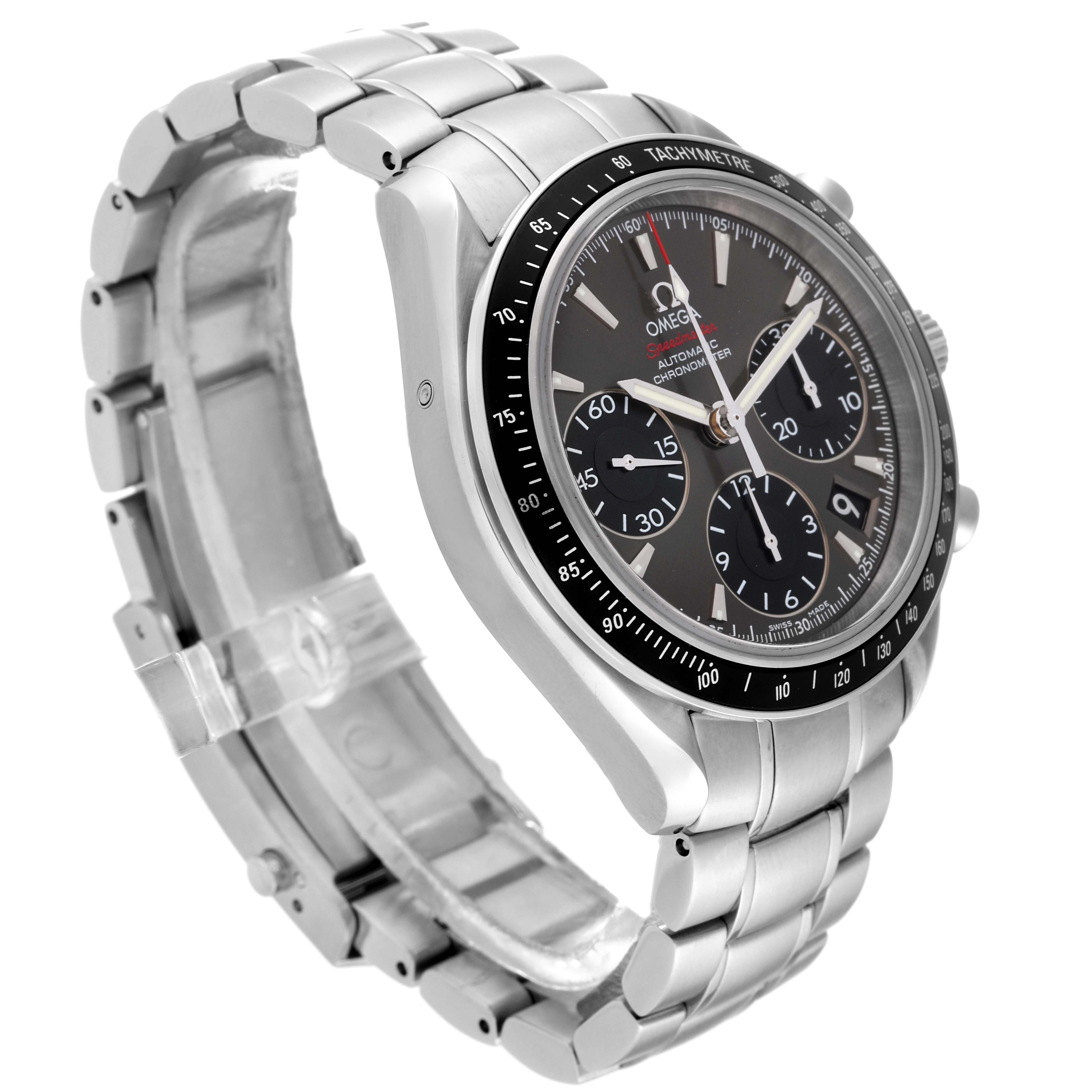 The Omega Speedmaster 323.30.40.40.06.001 Men's Stainless Steel Grey Dial 323.30.40.40.06.001 Men's Stainless Steel Grey Dial watch is shown at an angle showcasing its dial, bezel, case, and stainless steel bracelet.