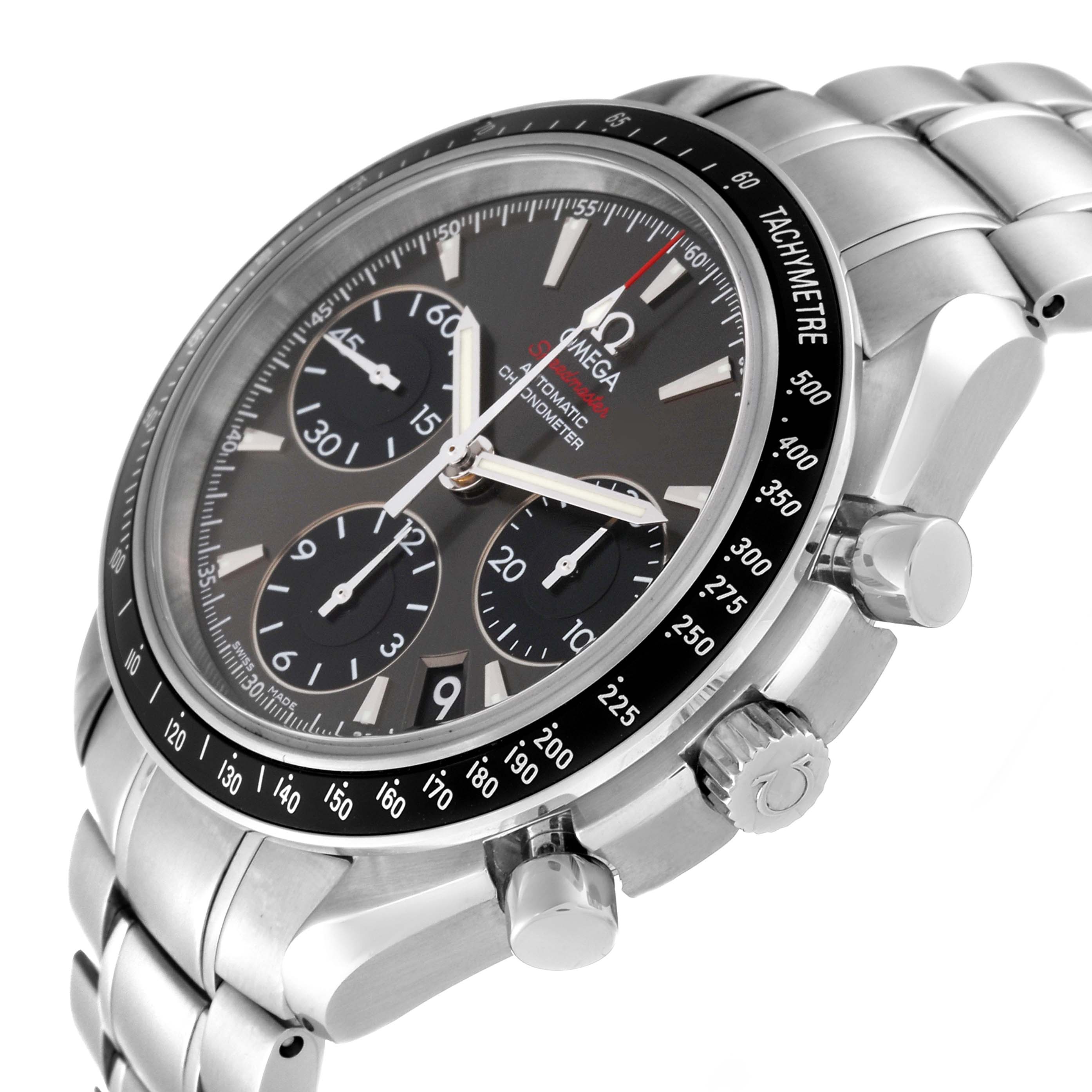 This image shows a side-angle view of the Omega Speedmaster 323.30.40.40.06.001 Men's Stainless Steel Grey Dial 323.30.40.40.06.001 Men's Stainless Steel Grey Dial watch, highlighting its dial, tachymeter bezel, and pushers.