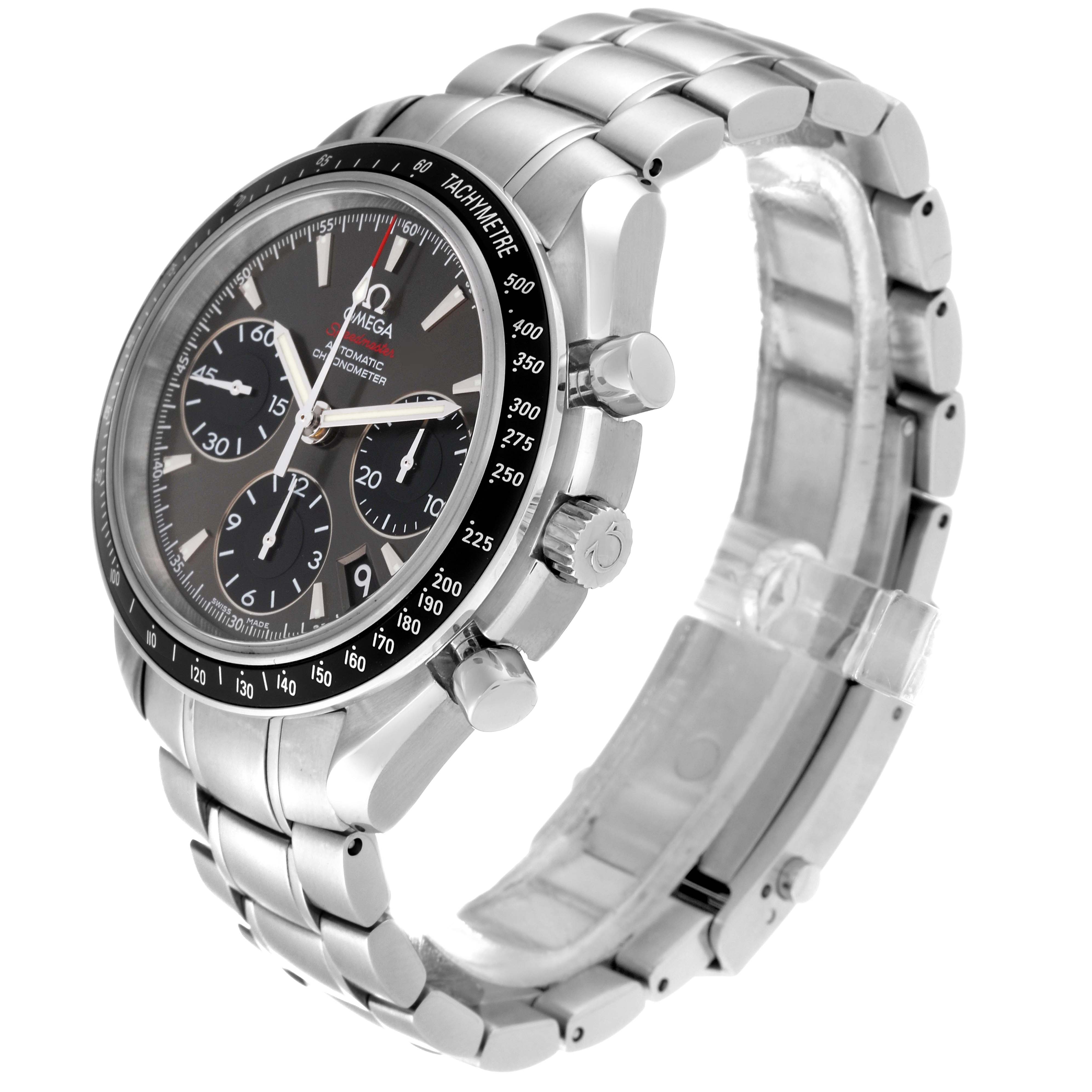 The image shows a side view of the Omega Speedmaster 323.30.40.40.06.001 Men's Stainless Steel Grey Dial 323.30.40.40.06.001 Men's Stainless Steel Grey Dial watch displaying its face, bezel, crown, and stainless steel bracelet.