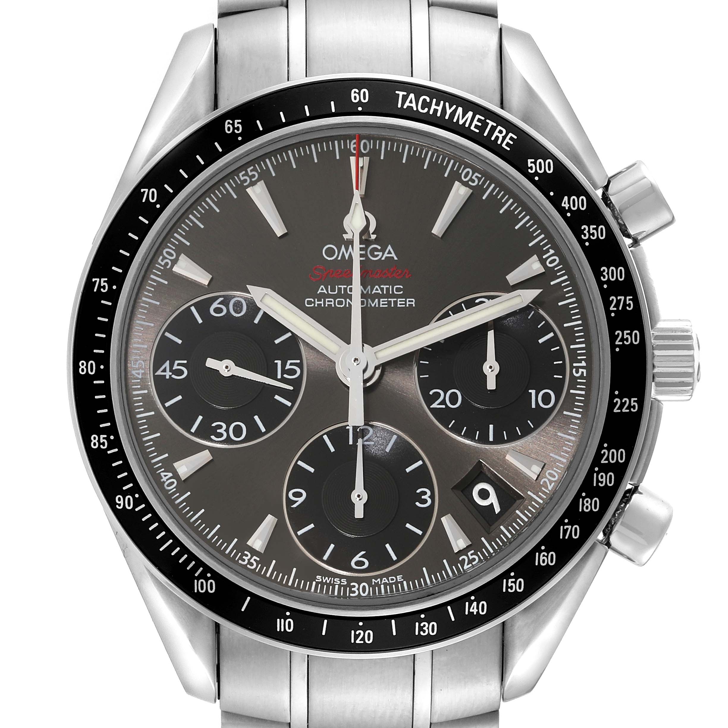 The image shows a front view of an Omega Speedmaster 323.30.40.40.06.001 Men's Stainless Steel Grey Dial 323.30.40.40.06.001 Men's Stainless Steel Grey Dial watch, displaying its bezel, dials, chronograph, and bracelet.