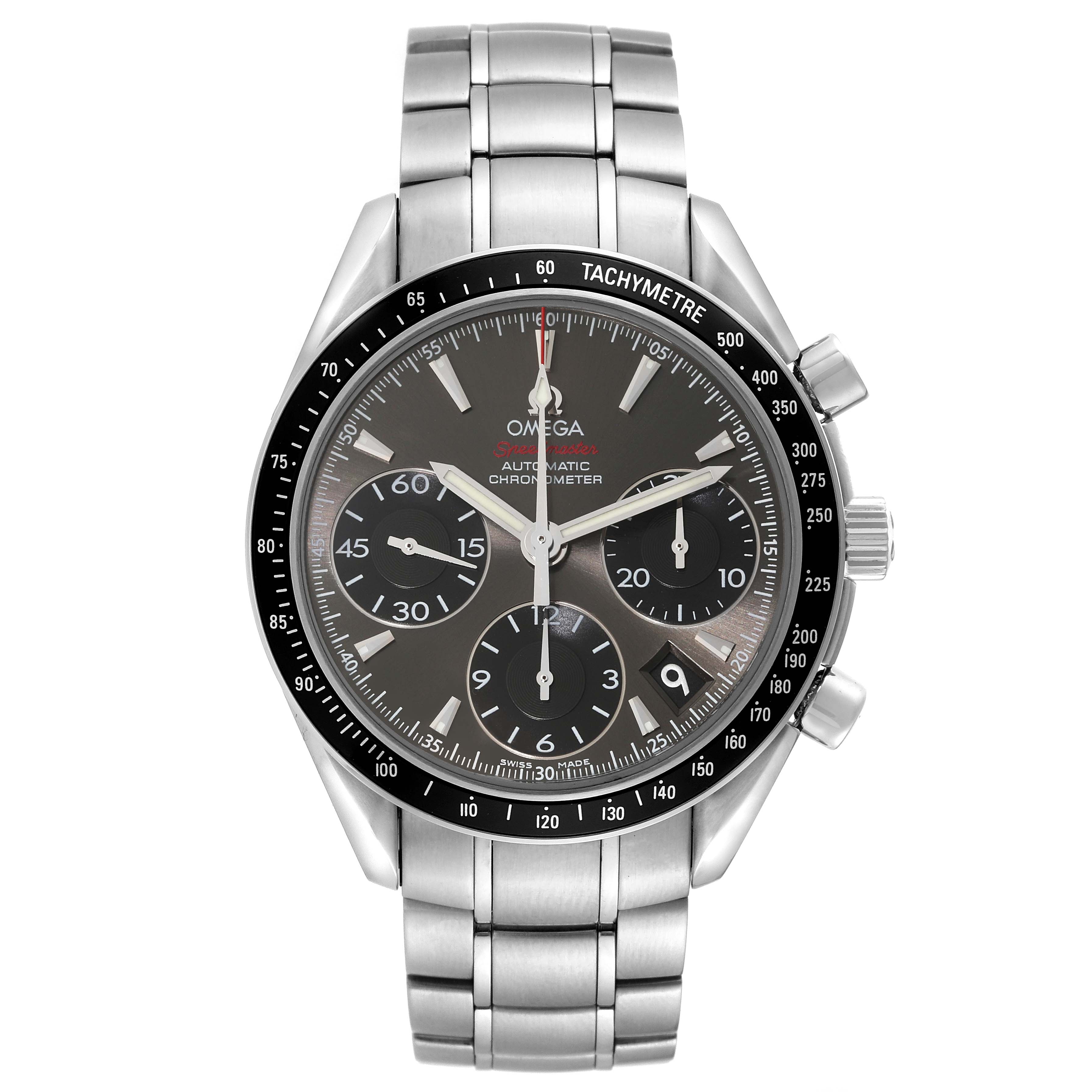 The Omega Speedmaster 323.30.40.40.06.001 Men's Stainless Steel Grey Dial 323.30.40.40.06.001 Men's Stainless Steel Grey Dial watch is shown from a straightforward angle, displaying its dial, bezel, crown, pushers, and metal bracelet.