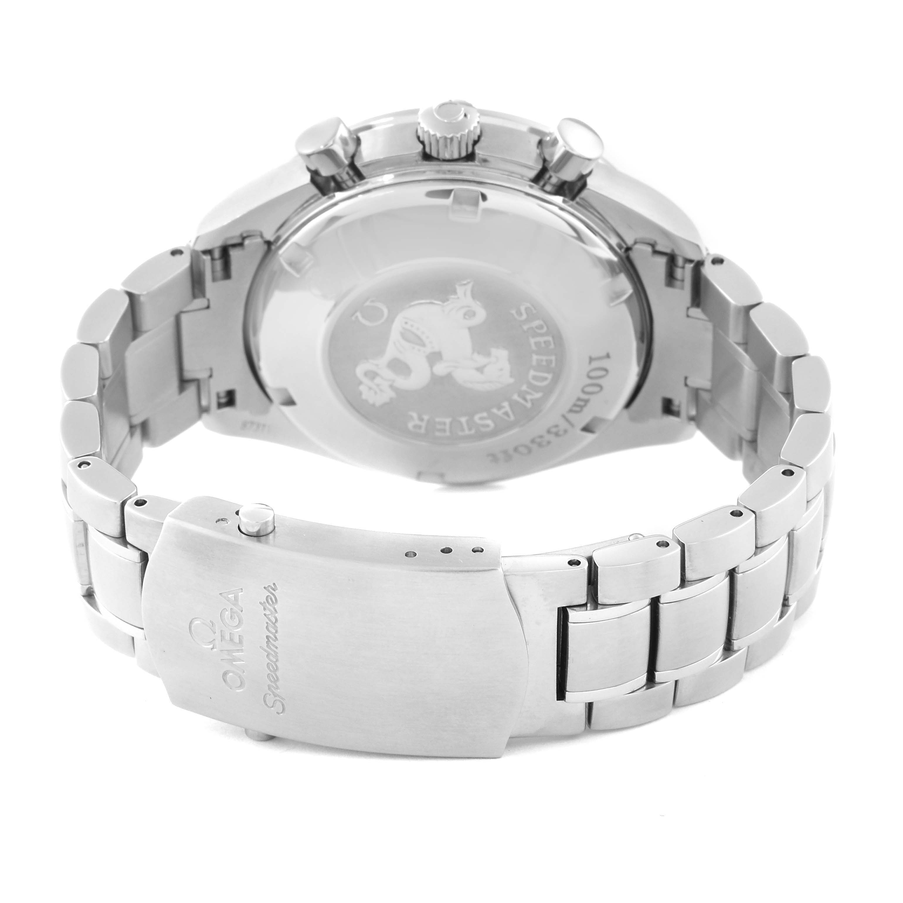 The image shows the back and clasp of an Omega Speedmaster 323.30.40.40.06.001 Men's Stainless Steel Grey Dial 323.30.40.40.06.001 Men's Stainless Steel Grey Dial watch, highlighting the metal bracelet and engraved case back.