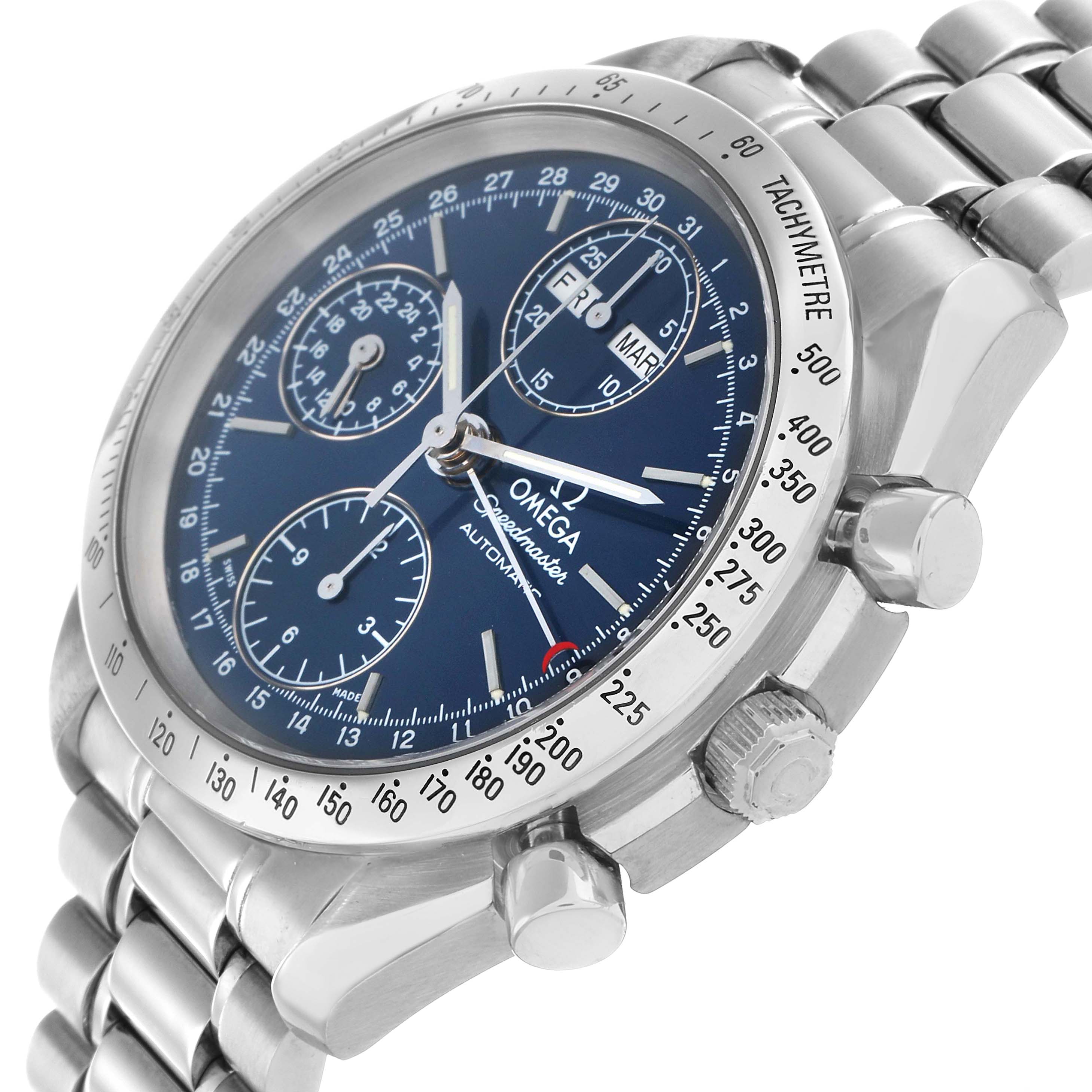 The Omega Speedmaster 3521.80.00 Men
s Stainless Steel Blue Dial watch is shown at a slight angle, highlighting the bezel, dial, subdials, crown, and bracelet.