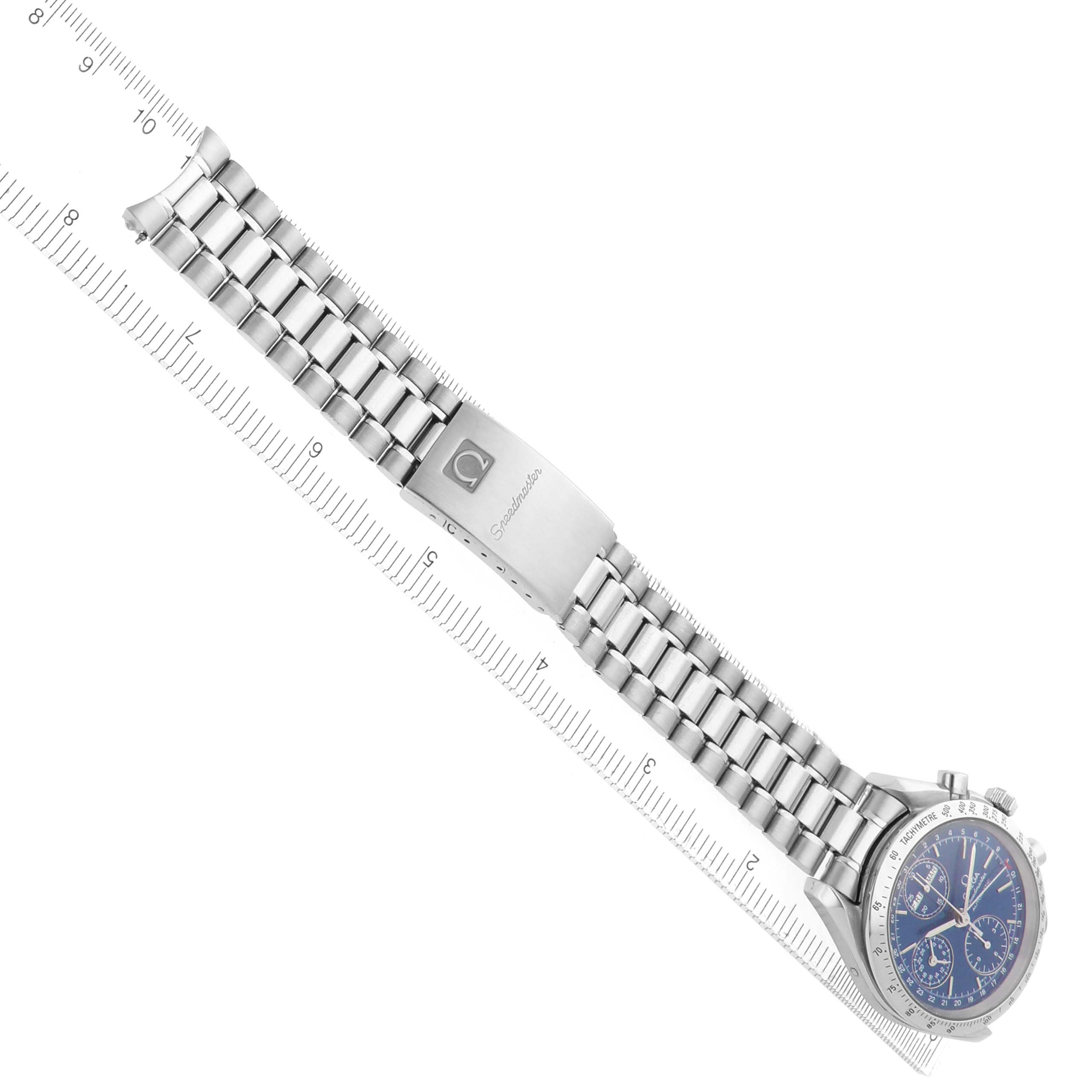 The Omega Speedmaster 3521.80.00 Men
s Stainless Steel Blue Dial is shown diagonally, displaying the stainless steel bracelet, clasp, and partial view of the watch face.