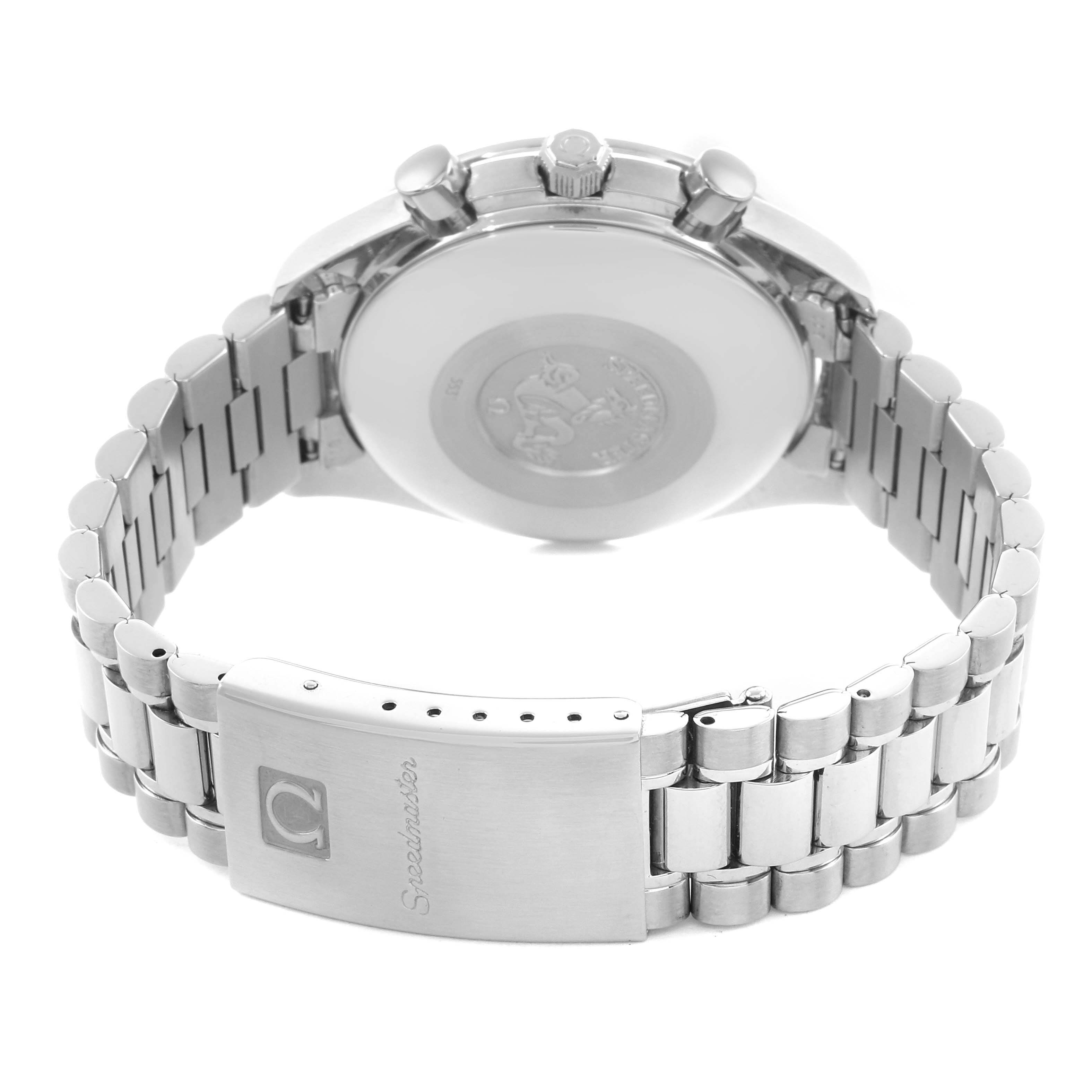 The image shows the Omega Speedmaster 3521.80.00 Men
s Stainless Steel Blue Dial watch from the rear, displaying the clasp, bracelet, case back, and crown from a rear angle.