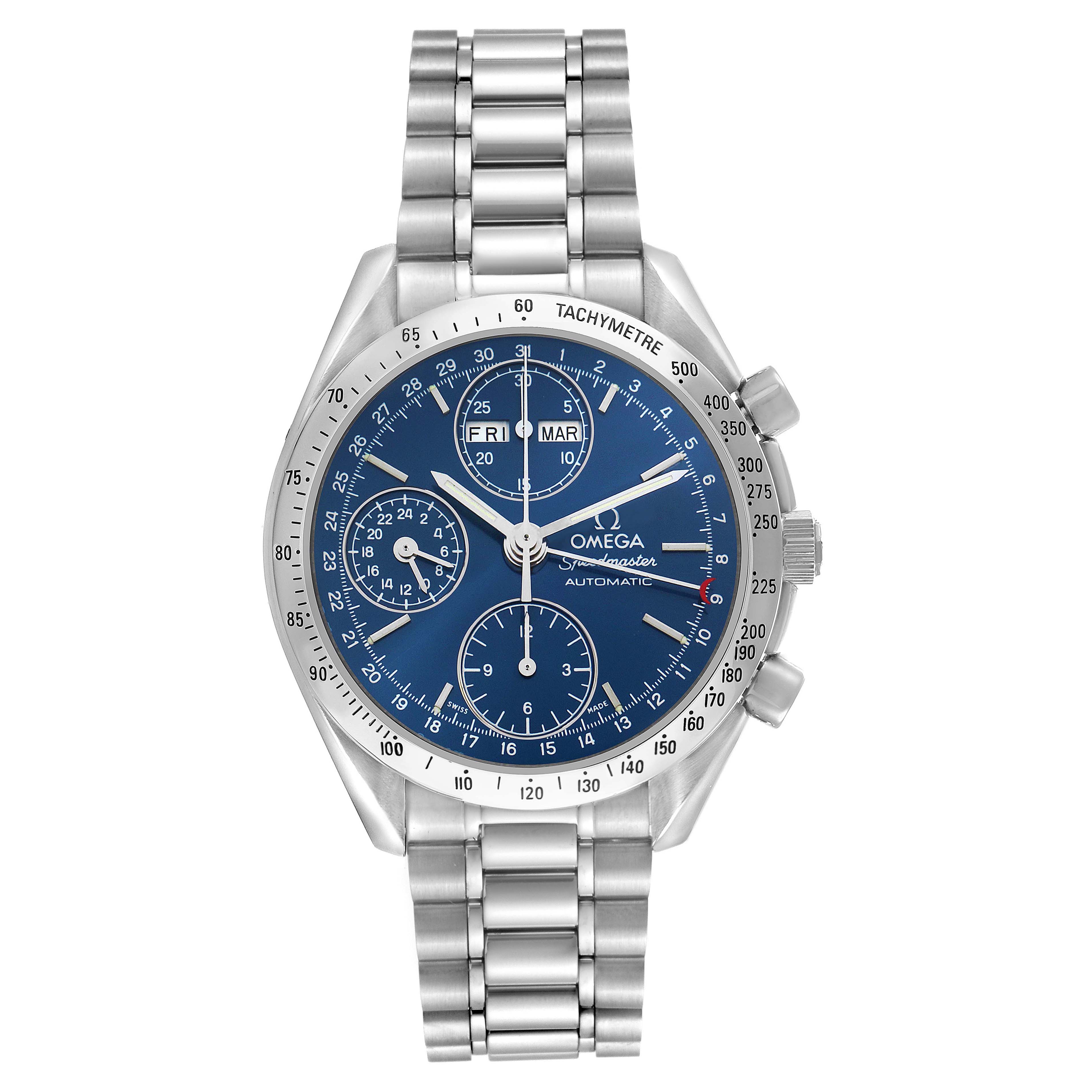 The Omega Speedmaster 3521.80.00 Men
s Stainless Steel Blue Dial watch is shown from a top-down angle, displaying its face, dials, and metal bracelet.