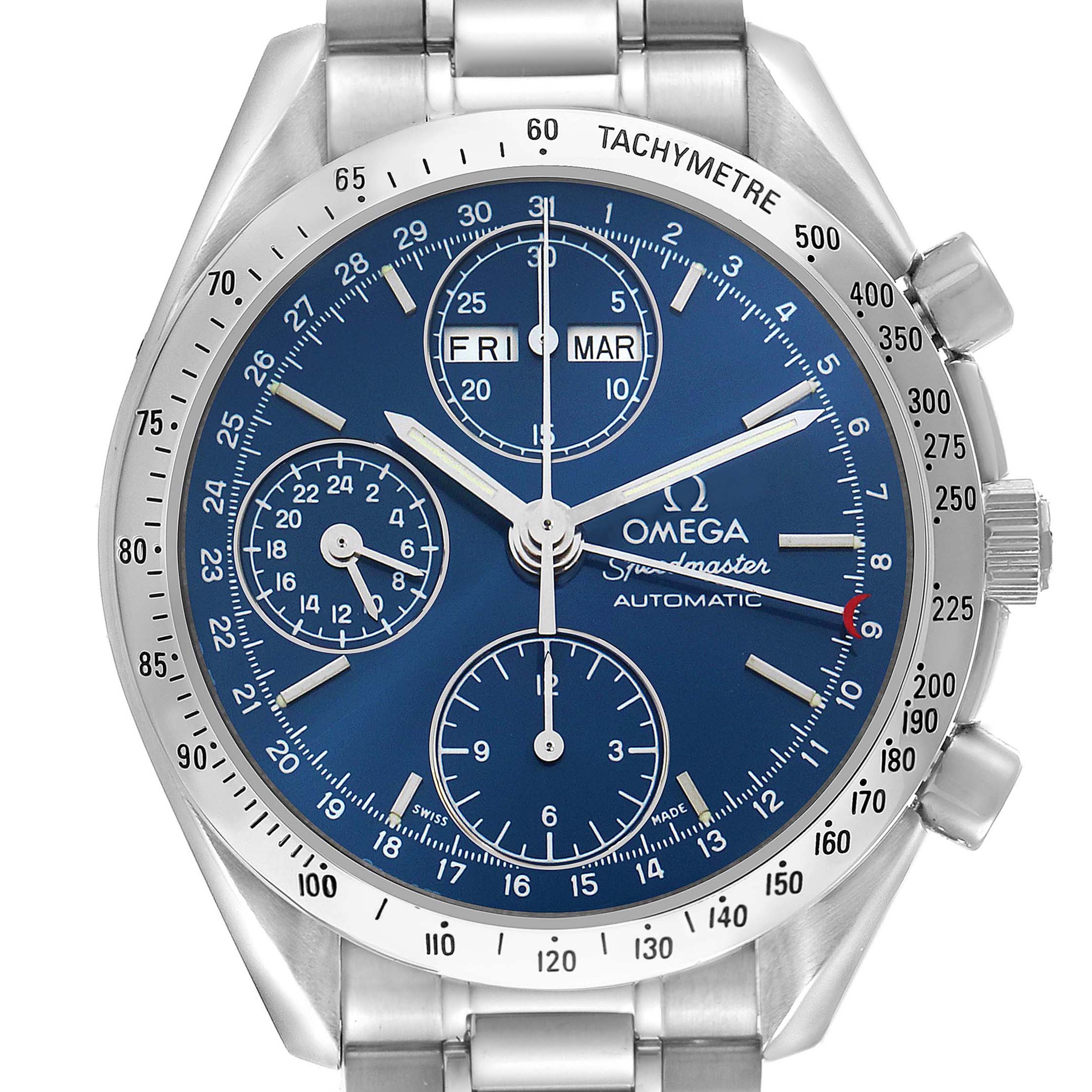 The Omega Speedmaster 3521.80.00 Men
s Stainless Steel Blue Dial watch is shown from the front, highlighting its blue dial, tachymeter bezel, and chronograph subdials.