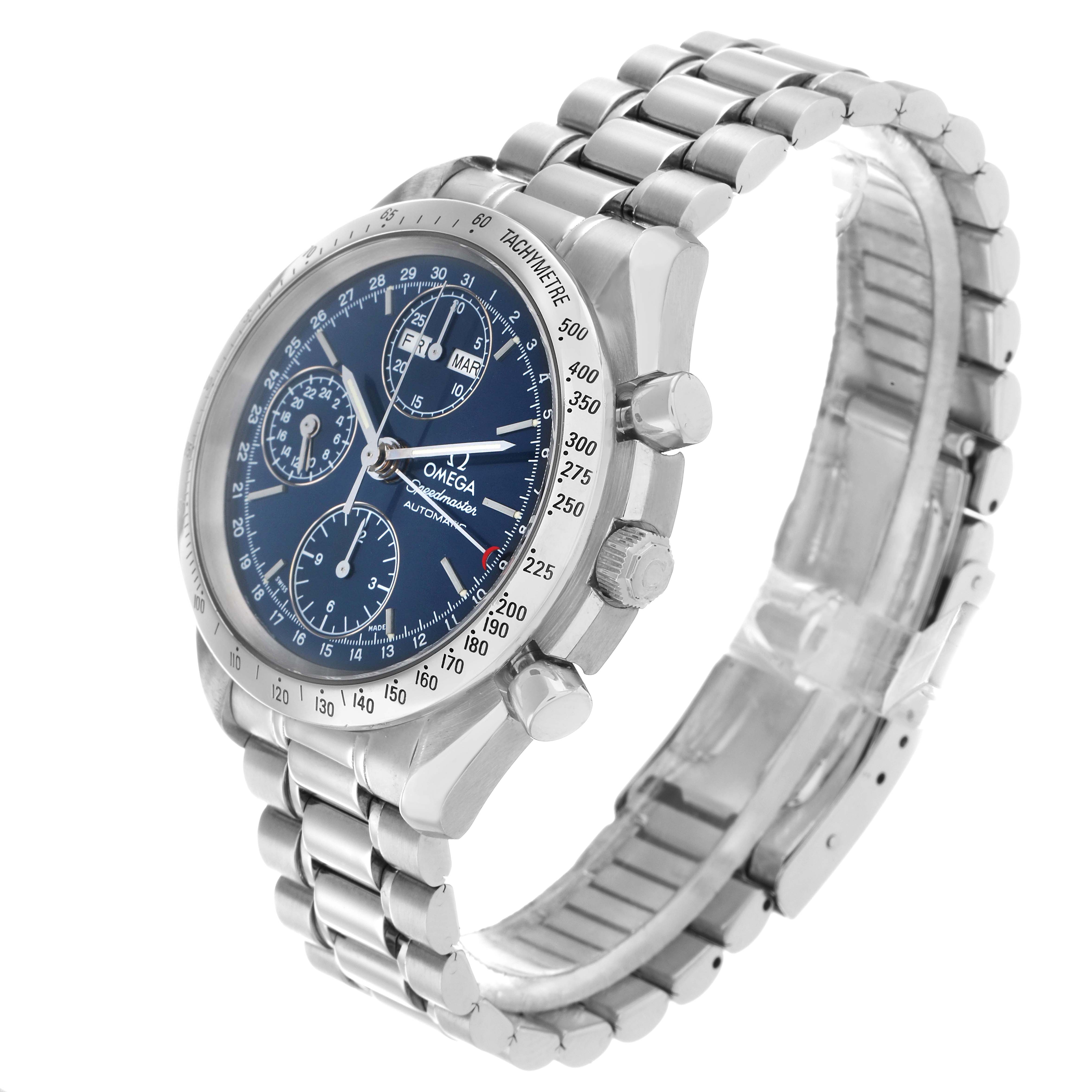 The Omega Speedmaster 3521.80.00 Men
s Stainless Steel Blue Dial watch is shown at a three-quarter angle, displaying the dial, tachymeter bezel, pushers, and bracelet.