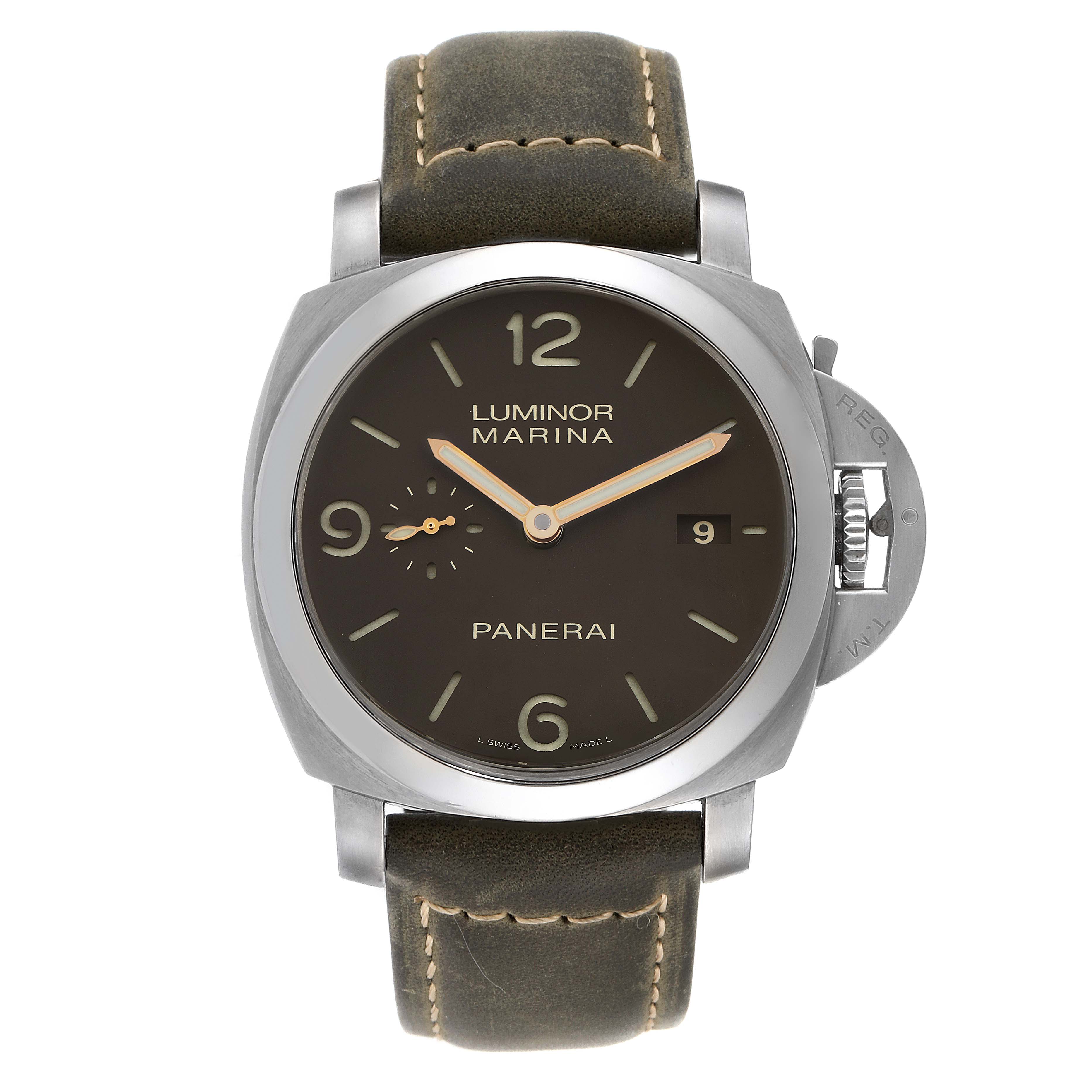 The image shows a front view of a Panerai Luminor PAM00351 Men
s Stainless Steel Black Dial PAM00351 Men
s Stainless Steel Black Dial Marina watch, highlighting the dial, case, strap, crown, and crown guard.