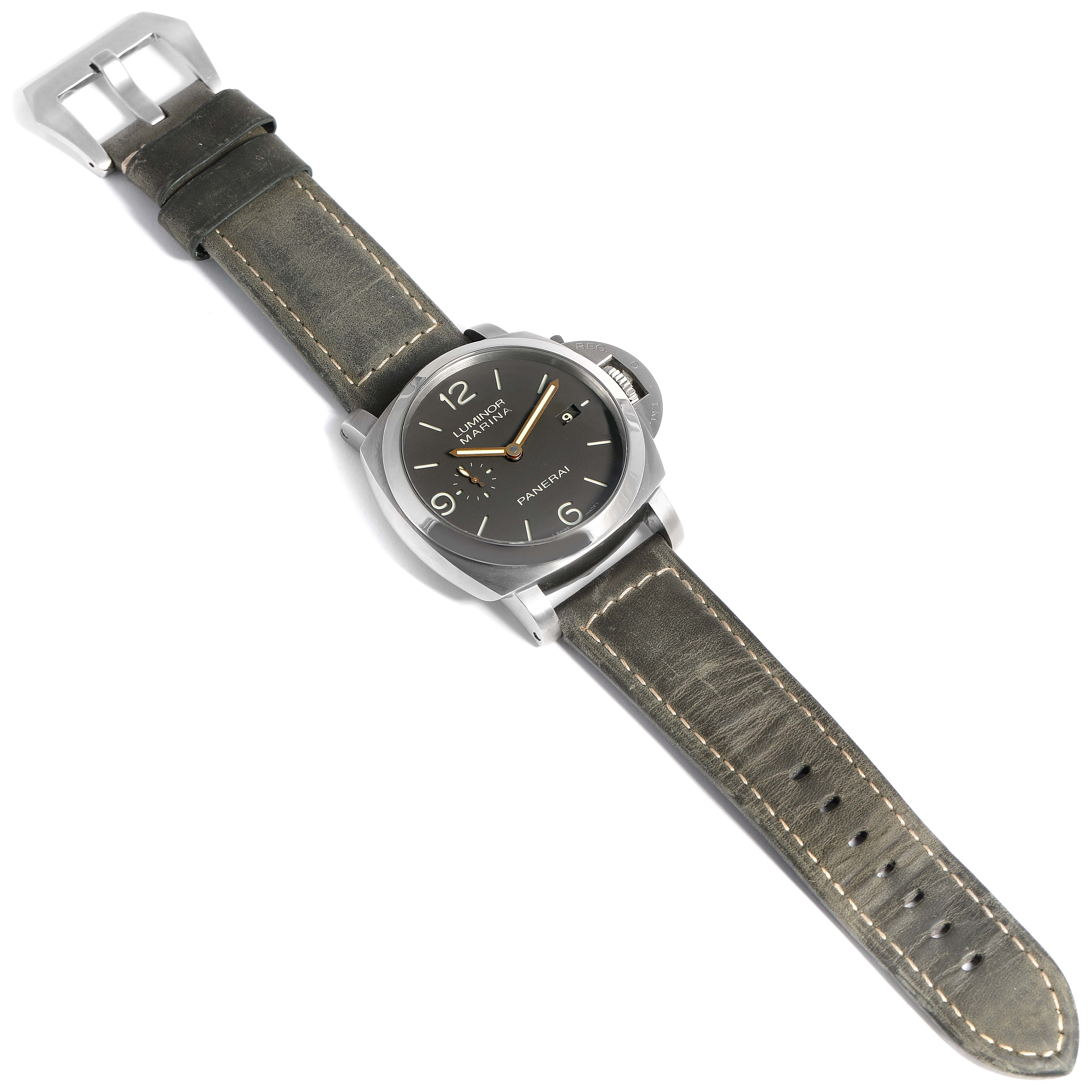 This image shows a Luminor model by Panerai, angled from above, highlighting the dial, case, and strap.