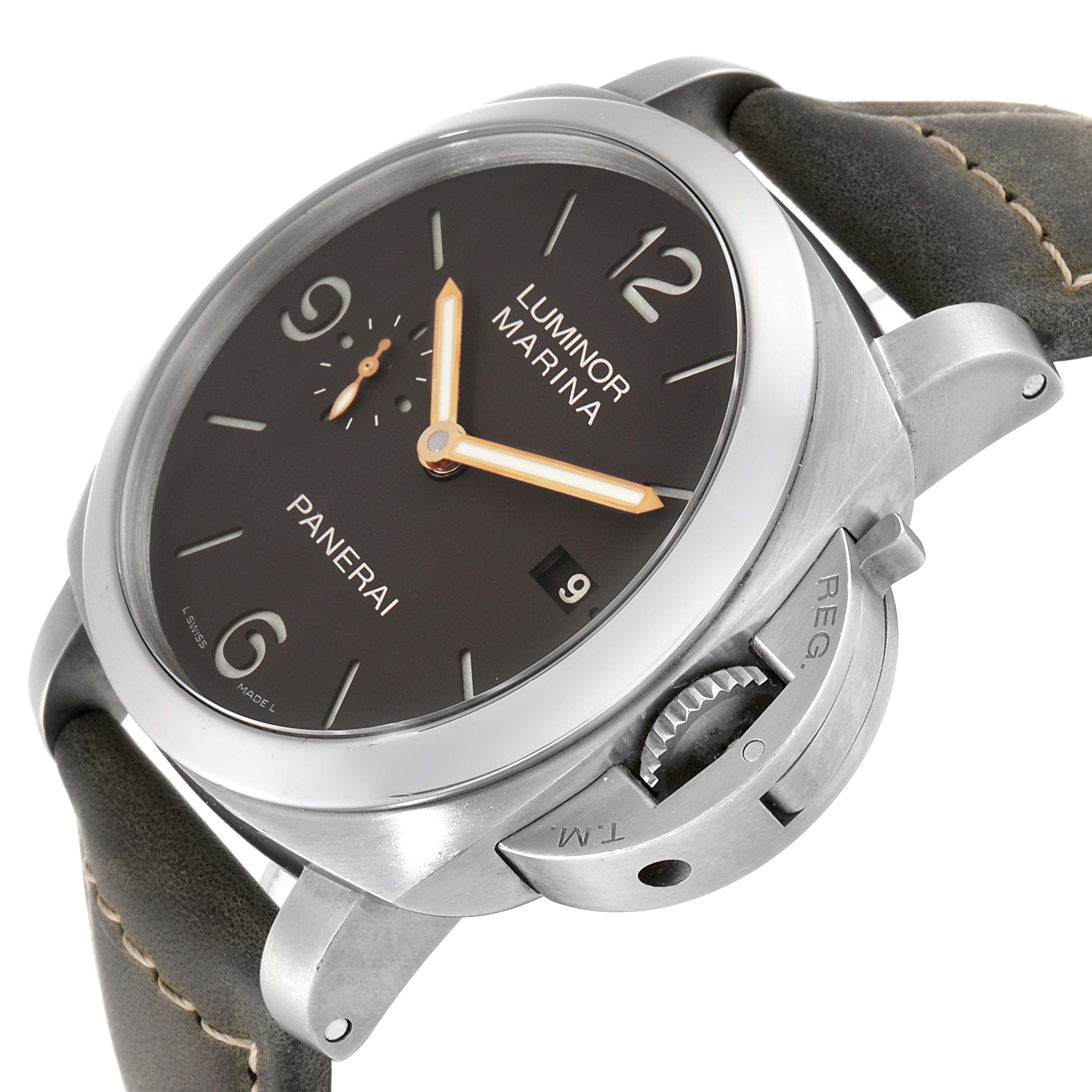 The image shows a close-up of the Panerai Luminor PAM00351 Men
s Stainless Steel Black Dial PAM00351 Men
s Stainless Steel Black Dial Marina watch featuring its dial, crown guard, and leather strap at a slight angle.